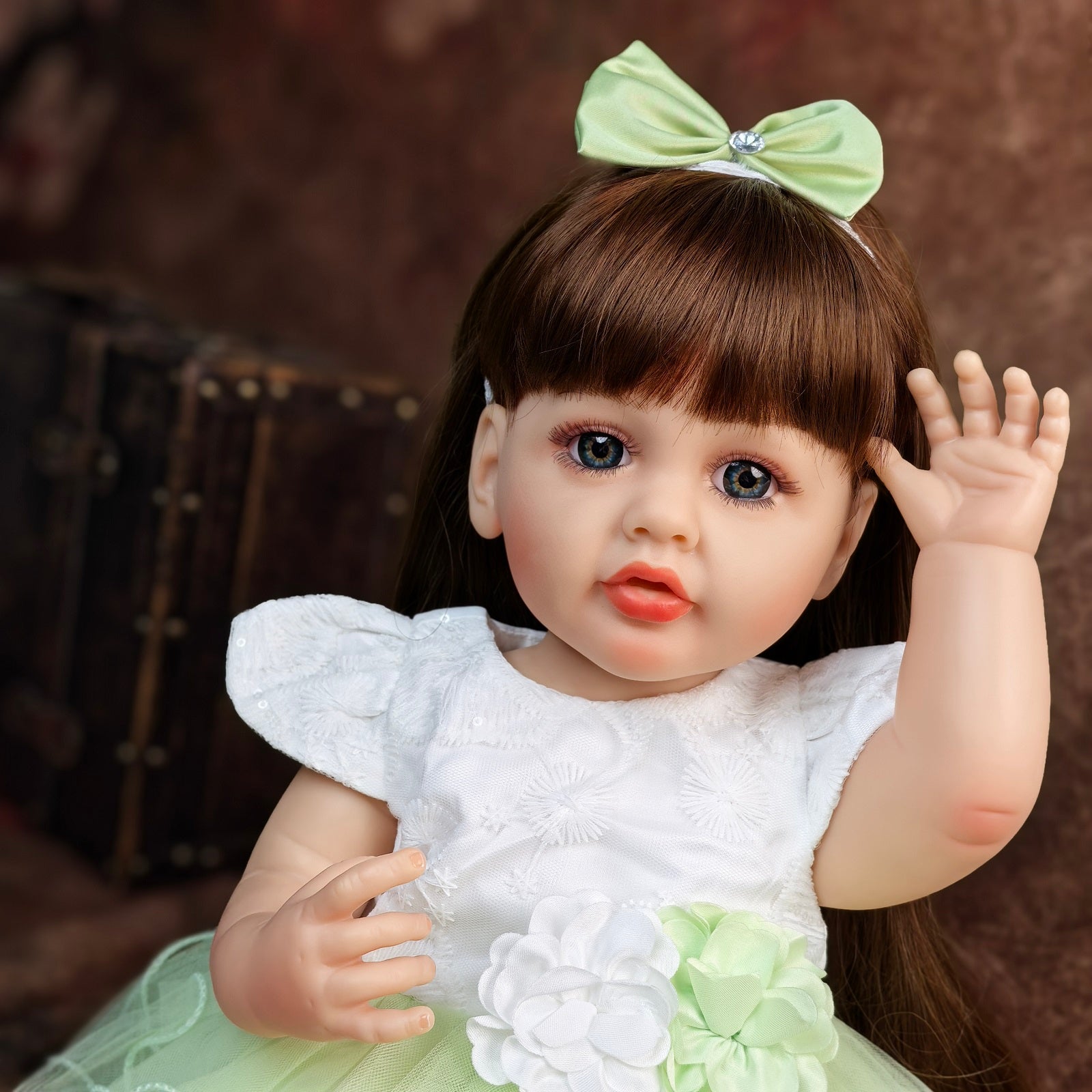 22 inch Full Body Silicone Realistic Baby Girl with Light Brown Hair & Acrylic Eyes, Pink Heart Princess Dress Set with Shoes & Accessories, Gift for Girls 3+