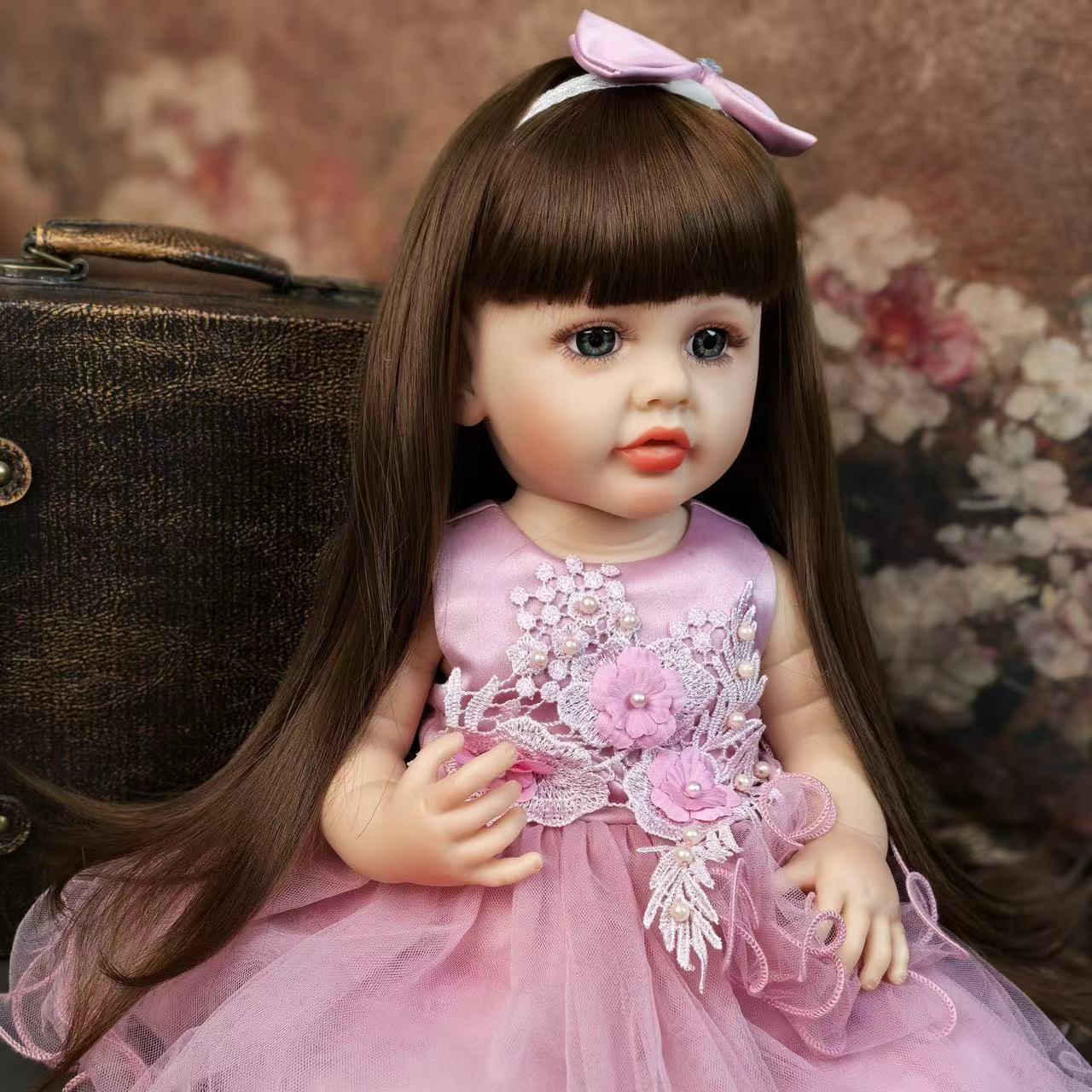 22 inch Full Body Silicone Realistic Baby Girl with Light Brown Hair & Acrylic Eyes, Pink Heart Princess Dress Set with Shoes & Accessories, Gift for Girls 3+