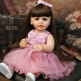 22 inch Full Body Silicone Realistic Baby Girl with Light Brown Hair & Acrylic Eyes, Pink Heart Princess Dress Set with Shoes & Accessories, Gift for Girls 3+