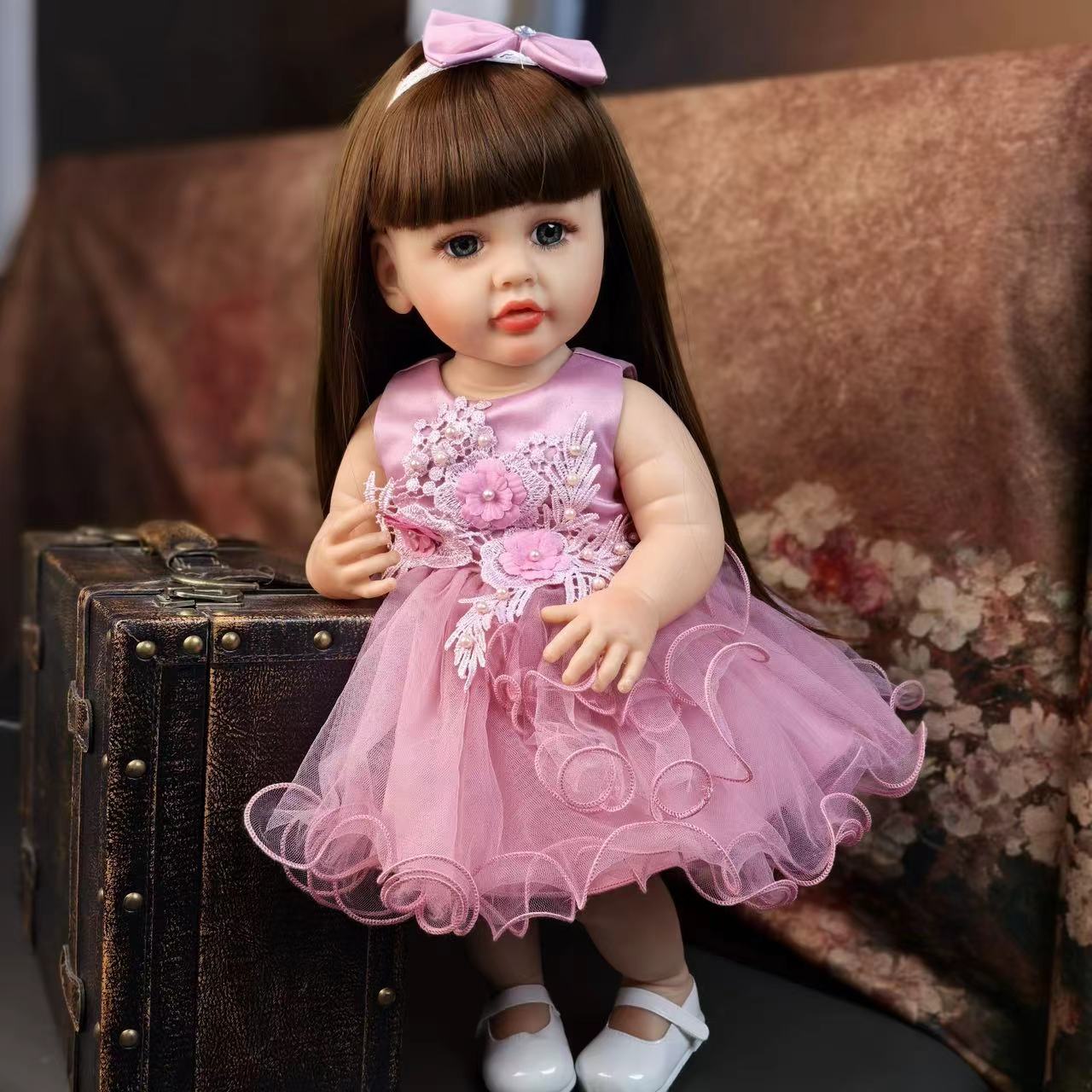 22 inch Full Body Silicone Realistic Baby Girl with Light Brown Hair & Acrylic Eyes, Pink Heart Princess Dress Set with Shoes & Accessories, Gift for Girls 3+