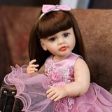 22 inch Full Body Silicone Realistic Baby Girl with Light Brown Hair & Acrylic Eyes, Pink Heart Princess Dress Set with Shoes & Accessories, Gift for Girls 3+