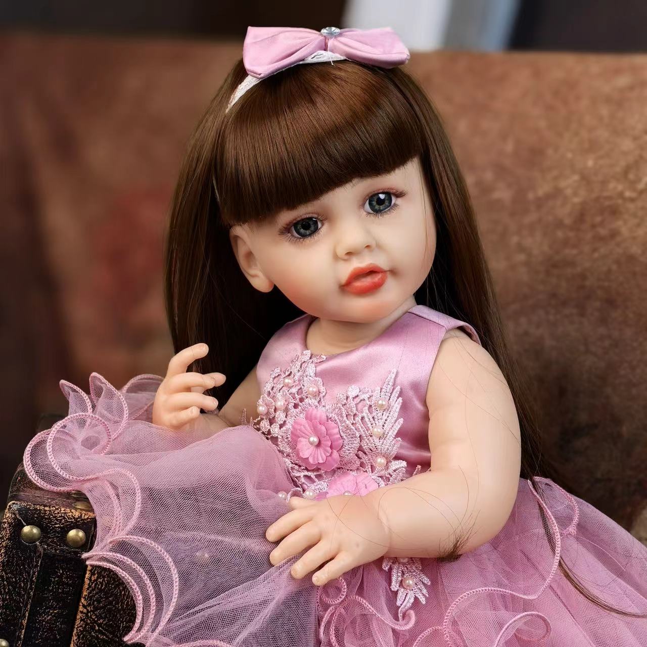 22 inch Full Body Silicone Realistic Baby Girl with Light Brown Hair & Acrylic Eyes, Pink Heart Princess Dress Set with Shoes & Accessories, Gift for Girls 3+