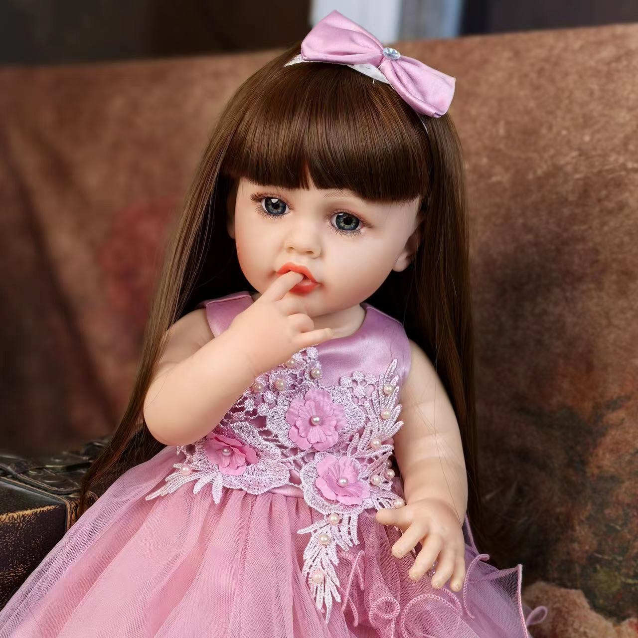 22 inch Full Body Silicone Realistic Baby Girl with Light Brown Hair & Acrylic Eyes, Pink Heart Princess Dress Set with Shoes & Accessories, Gift for Girls 3+