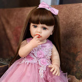 22 inch Full Body Silicone Realistic Baby Girl with Light Brown Hair & Acrylic Eyes, Pink Heart Princess Dress Set with Shoes & Accessories, Gift for Girls 3+