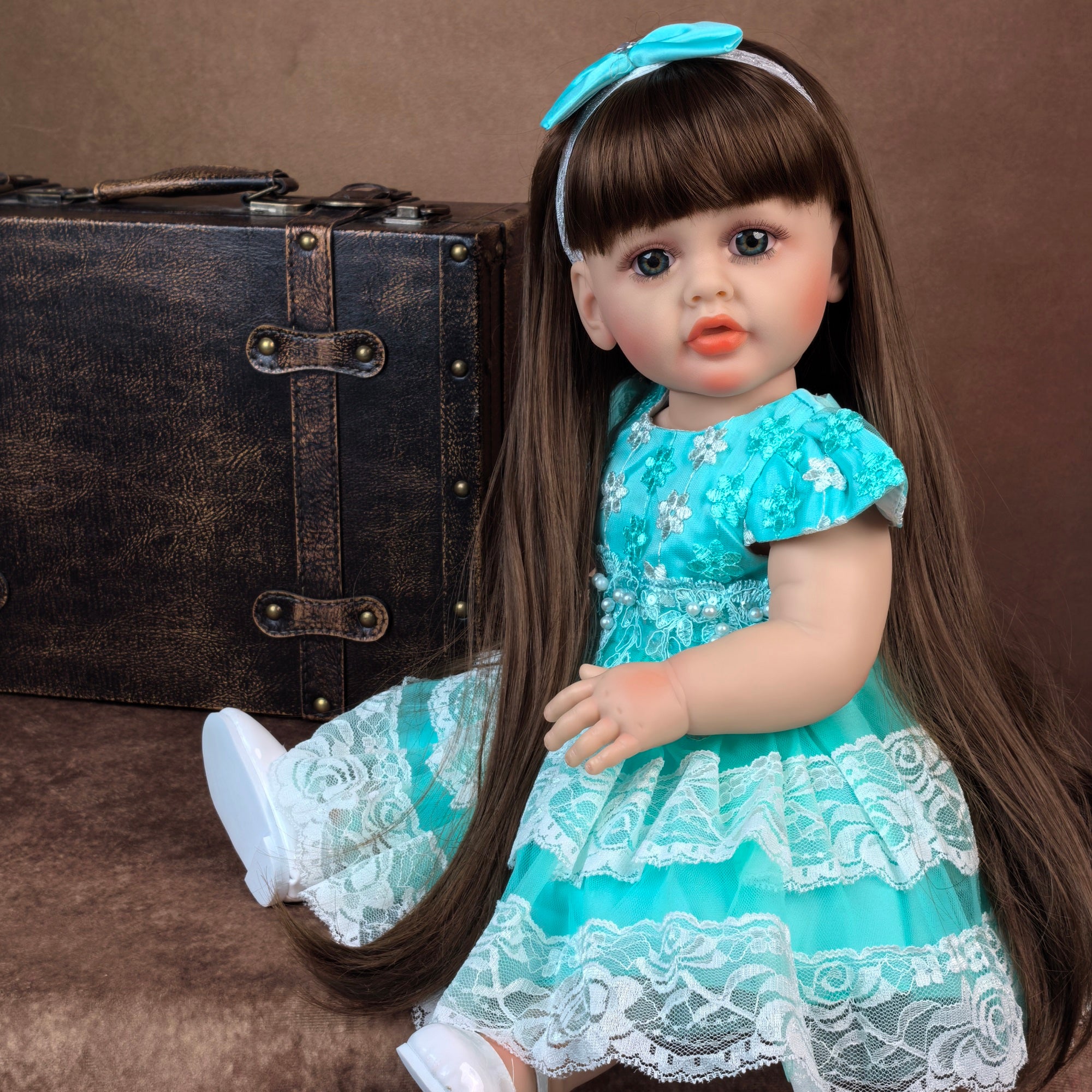 22 Inch Full Body Silicone Realistic Baby Girl with Long Brown Hair & Princess Style, Gravity-Sensing, Gift for Girls 3+