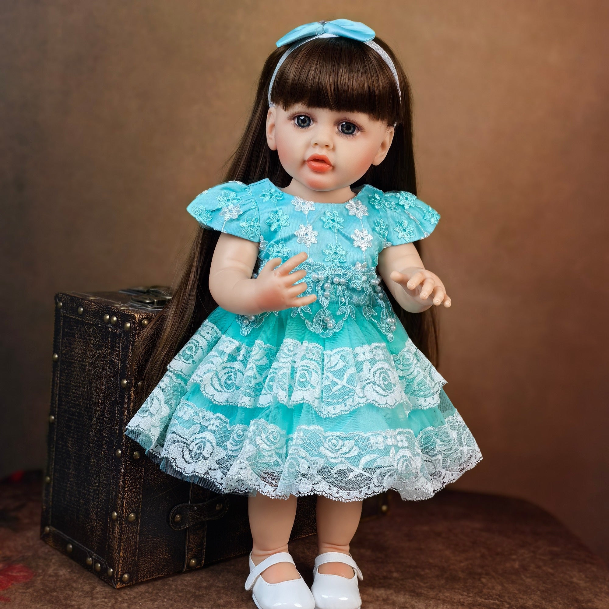 22 Inch Full Body Silicone Realistic Baby Girl with Long Brown Hair & Princess Style, Gravity-Sensing, Gift for Girls 3+