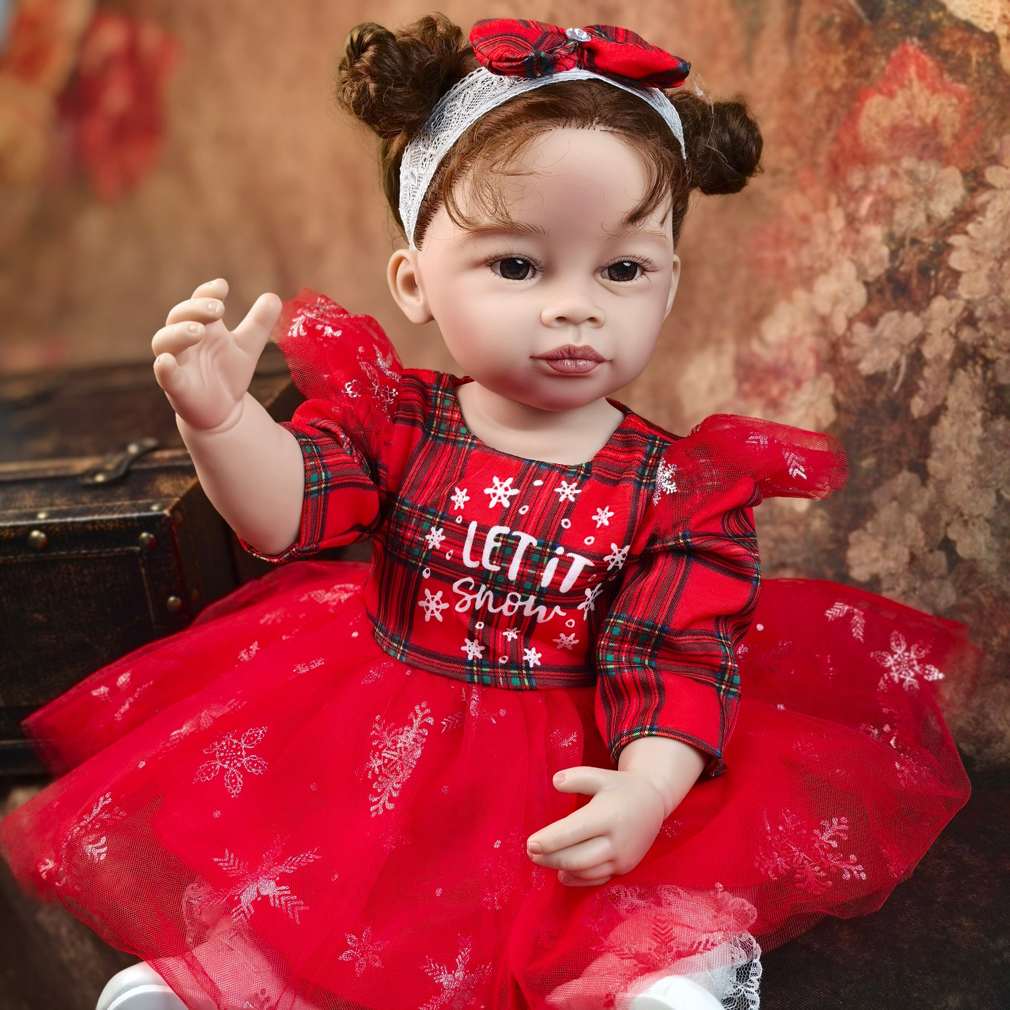 22 inch Full Body Silicone Realistic Baby Girl with Light Brown Hair & Acrylic Eyes, Red Heart Princess Dress Set with Shoes & Accessories, Gift for Girls 3+