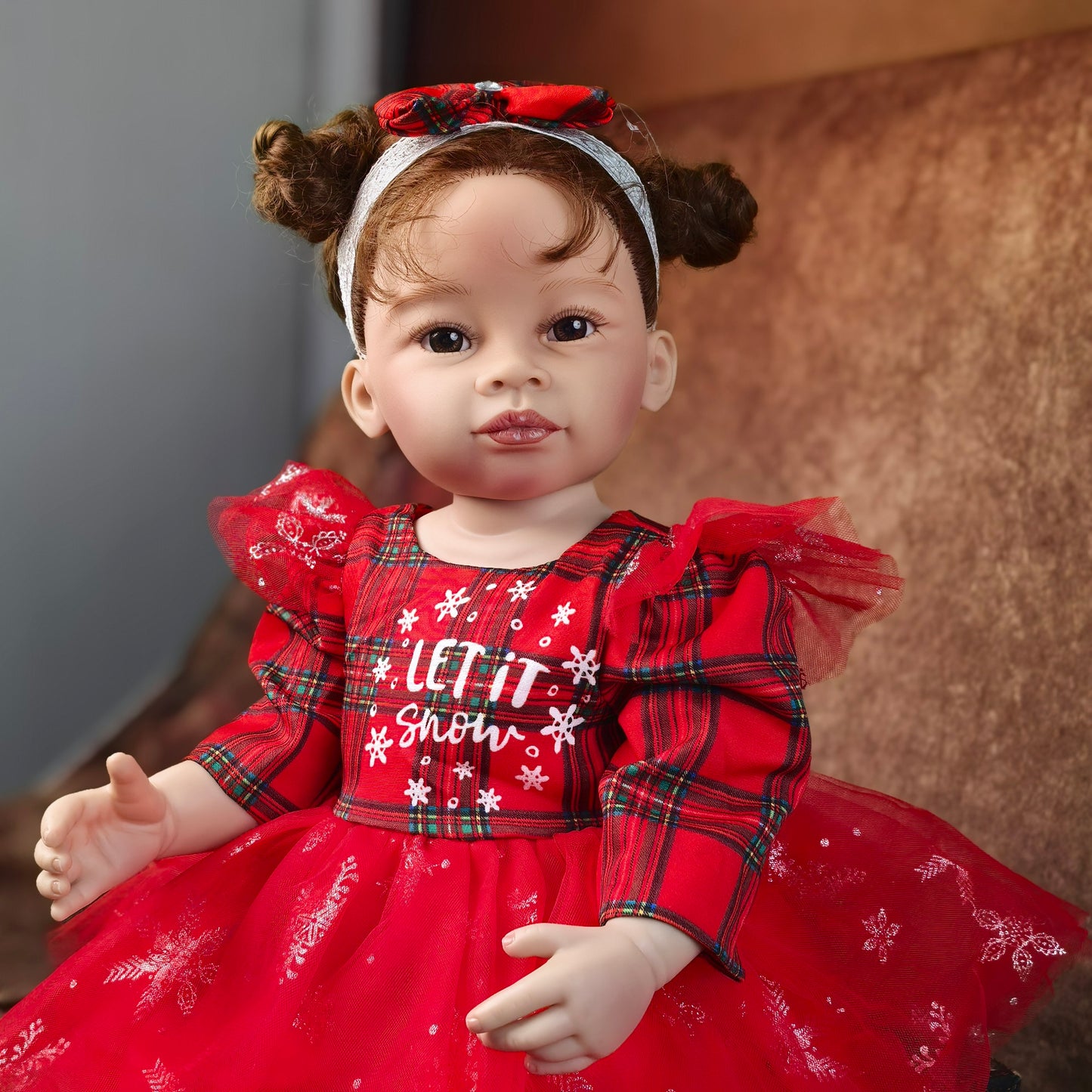 22 inch Full Body Silicone Realistic Baby Girl with Light Brown Hair & Acrylic Eyes, Red Heart Princess Dress Set with Shoes & Accessories, Gift for Girls 3+
