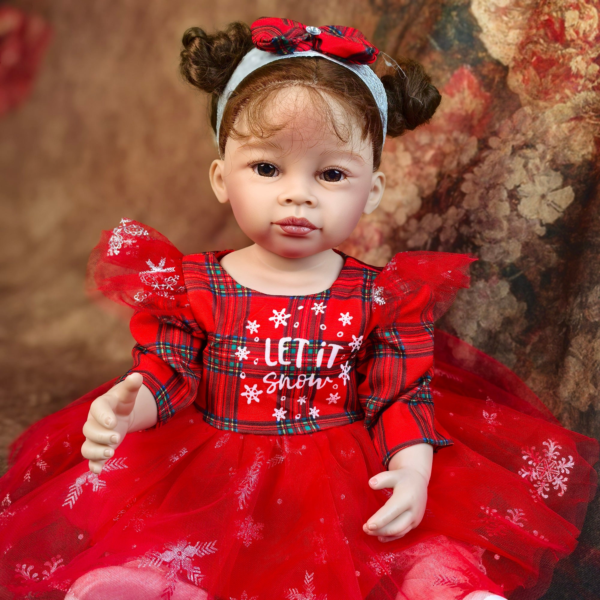 22 inch Full Body Silicone Realistic Baby Girl with Light Brown Hair & Acrylic Eyes, Red Heart Princess Dress Set with Shoes & Accessories, Gift for Girls 3+
