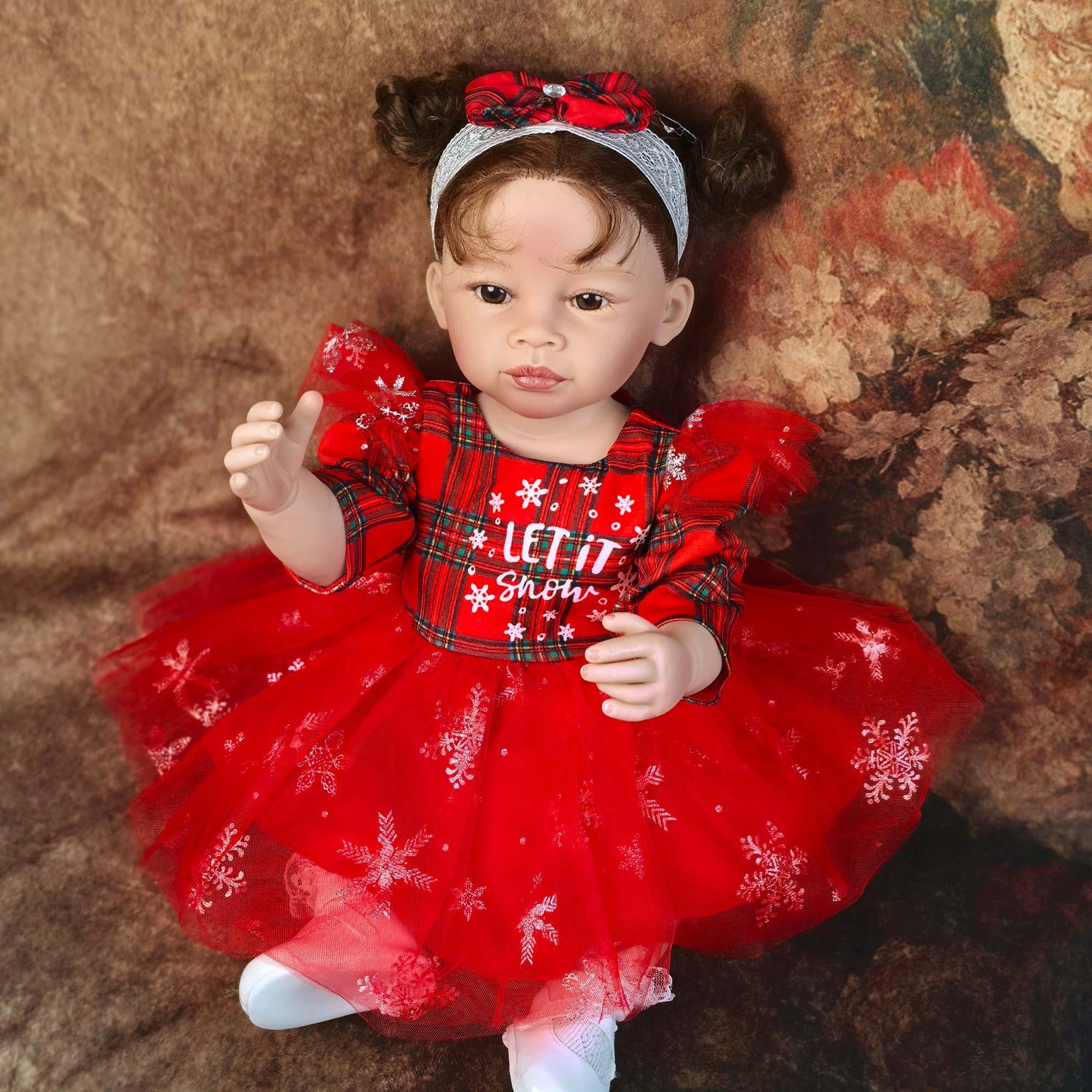 22 inch Full Body Silicone Realistic Baby Girl with Light Brown Hair & Acrylic Eyes, Red Heart Princess Dress Set with Shoes & Accessories, Gift for Girls 3+