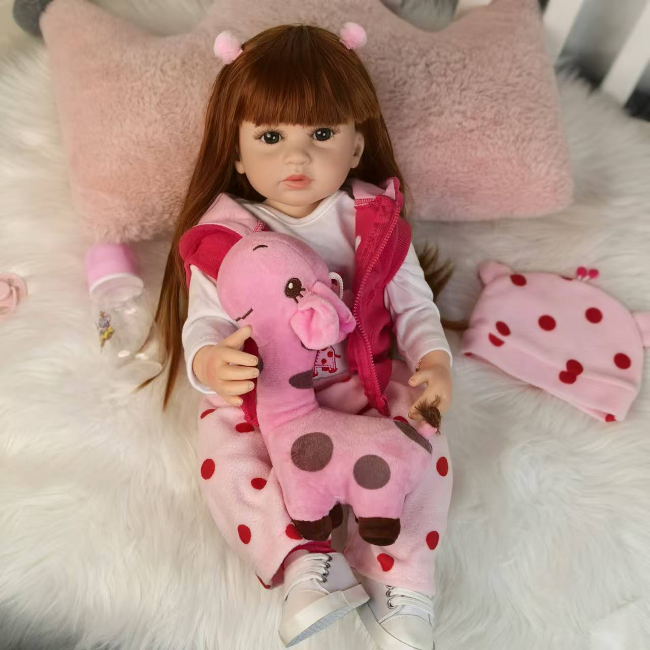 22 Inch Full Body Silicone Realistic Baby Girl with Long Brown Hair & Princess Style, Gift for Girls 3+