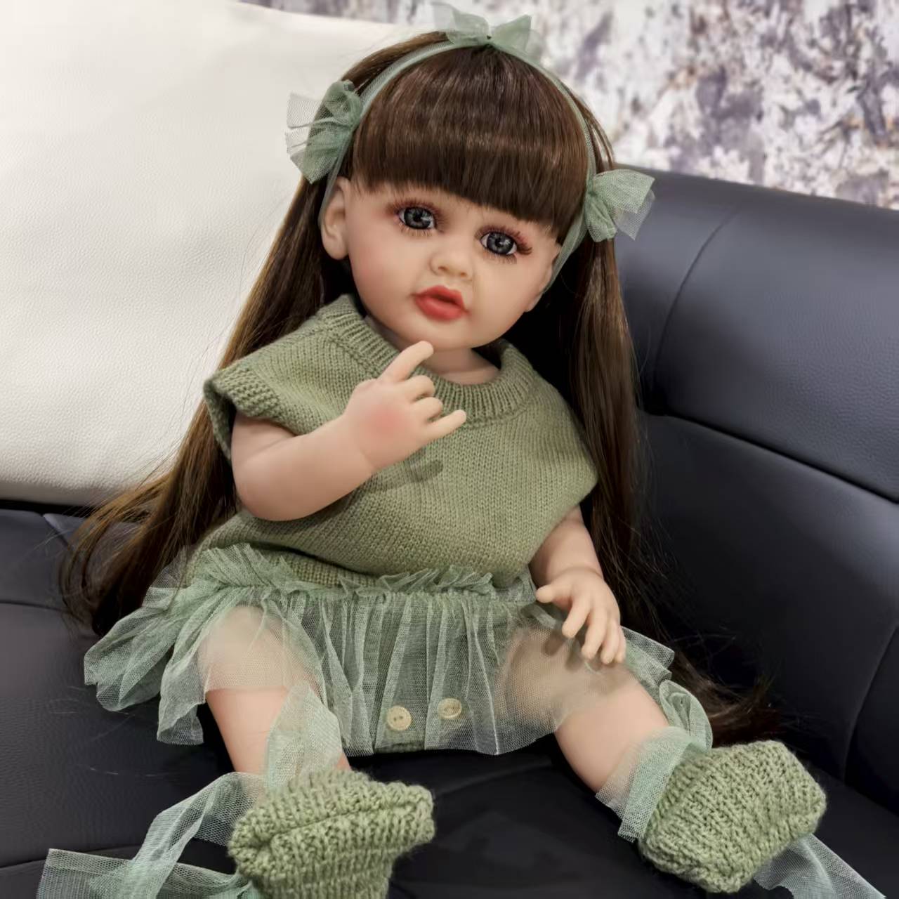 22 inch Full Body Silicone Realistic Baby Girl with Light Brown Hair & Acrylic Eyes, Pink Heart Princess Dress Set with Shoes & Accessories, Gift for Girls 3+