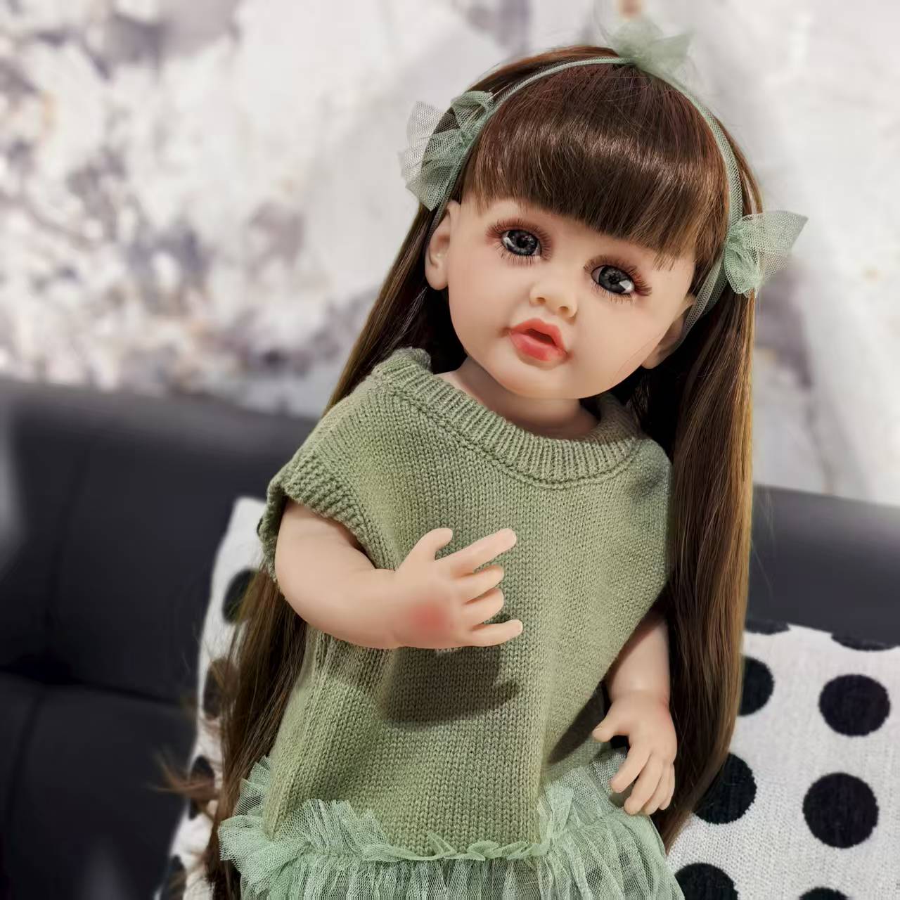 22 inch Full Body Silicone Realistic Baby Girl with Light Brown Hair & Acrylic Eyes, Pink Heart Princess Dress Set with Shoes & Accessories, Gift for Girls 3+