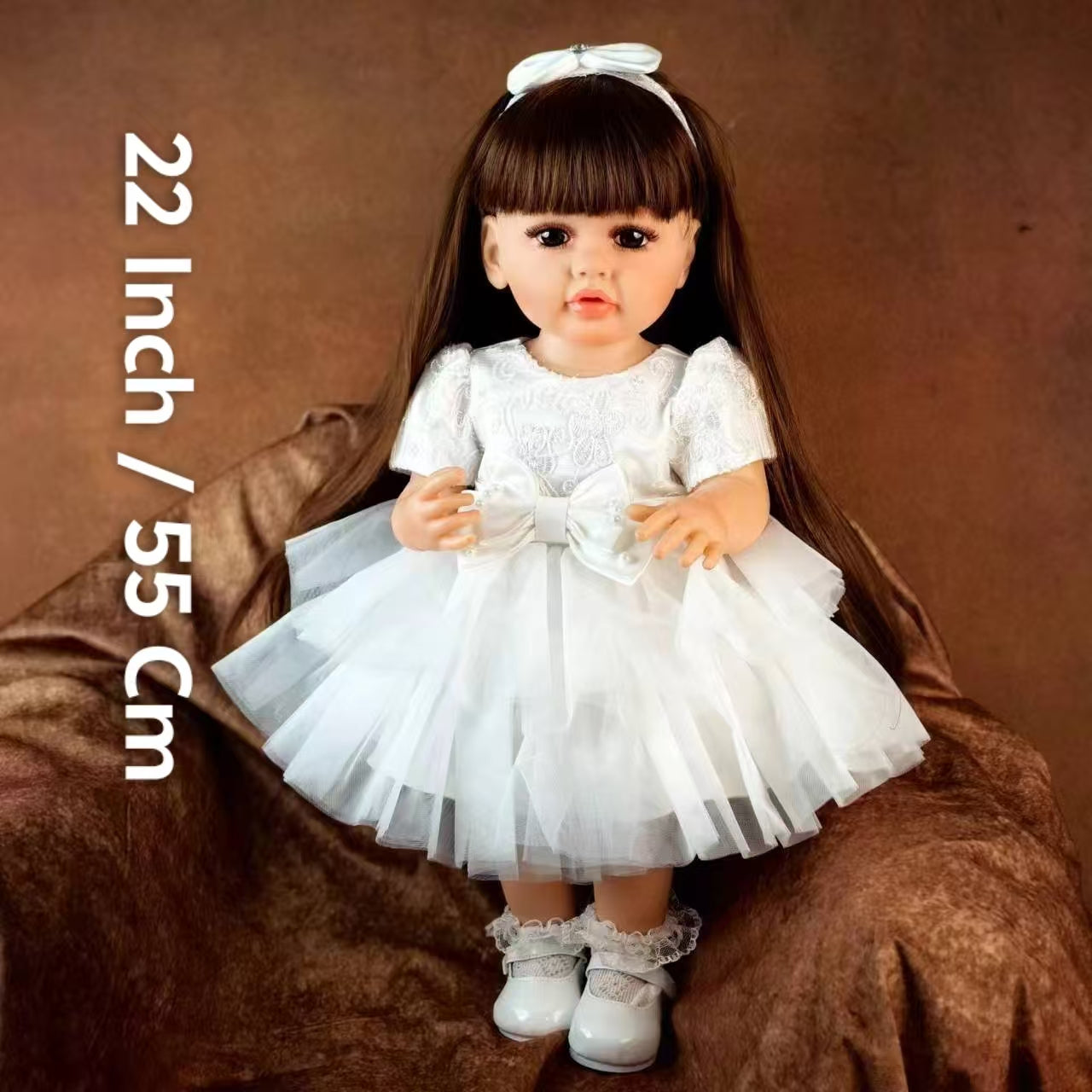22 inch Full Body Silicone Realistic Baby Girl with Light Brown Hair & Acrylic Eyes, Pink Heart Princess Dress Set with Shoes & Accessories, Gift for Girls 3+