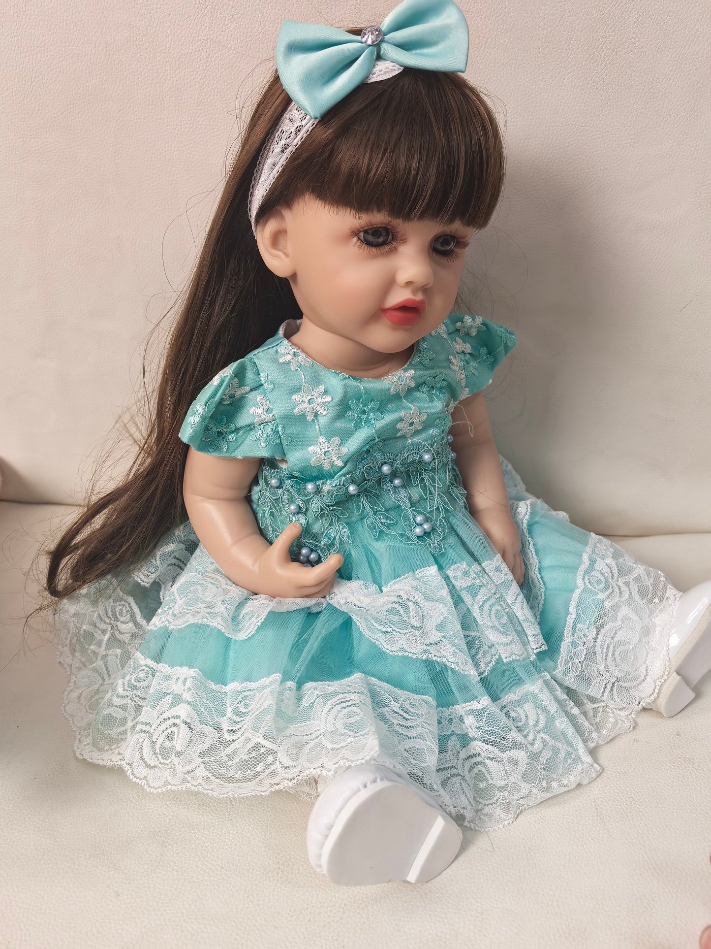 22 inch Full Body Silicone Realistic Baby Girl with Light Brown Hair & Acrylic Eyes, Pink Heart Princess Dress Set with Shoes & Accessories, Gift for Girls 3+