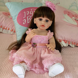 22 inch Full Body Silicone Realistic Baby Girl with Light Brown Hair & Acrylic Eyes, Pink Heart Princess Dress Set with Shoes & Accessories, Gift for Girls 3+