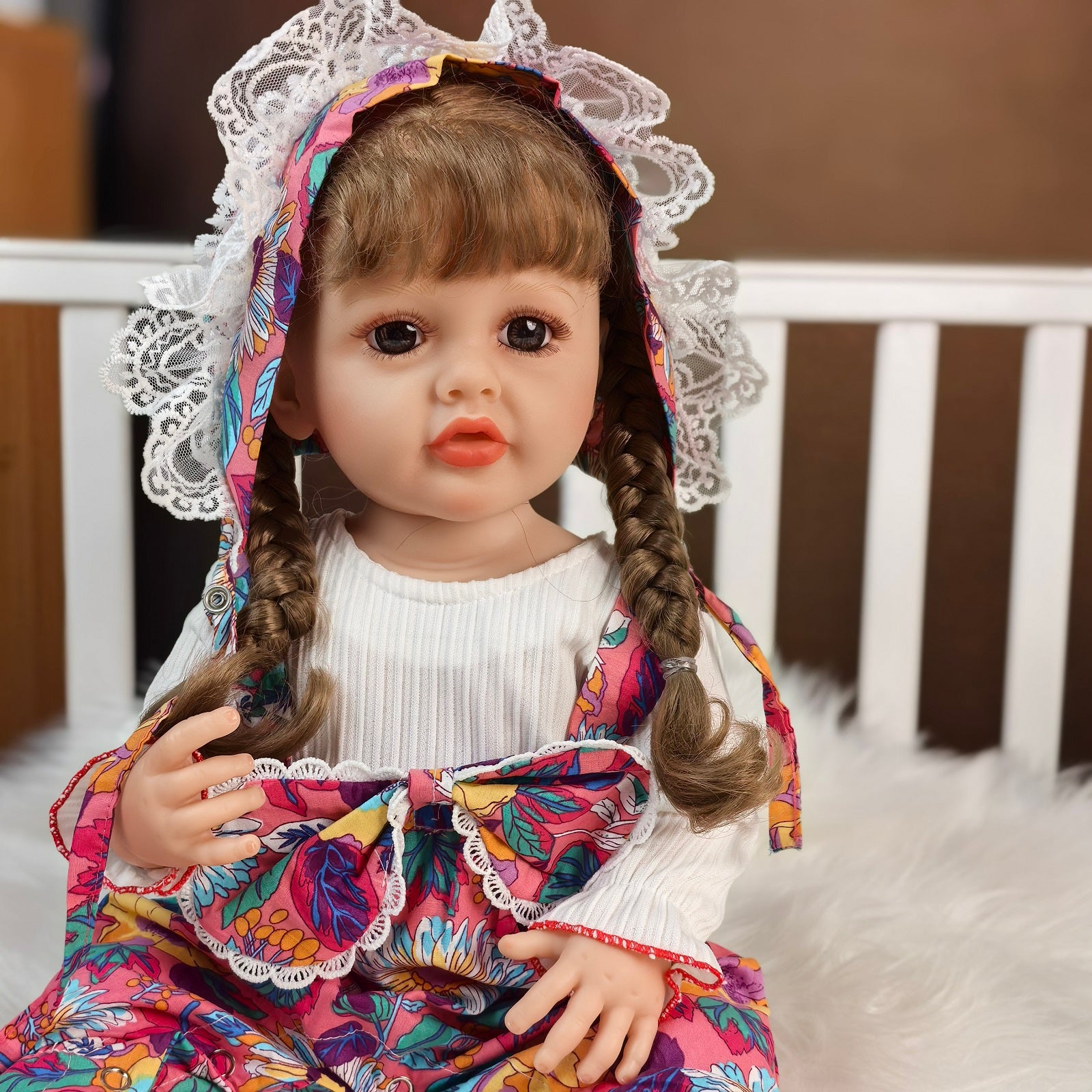 22 inch Full Body Silicone Realistic Baby Girl with Light Brown Hair & Acrylic Eyes, Pink Heart Princess Dress Set with Shoes & Accessories, Gift for Girls 3+