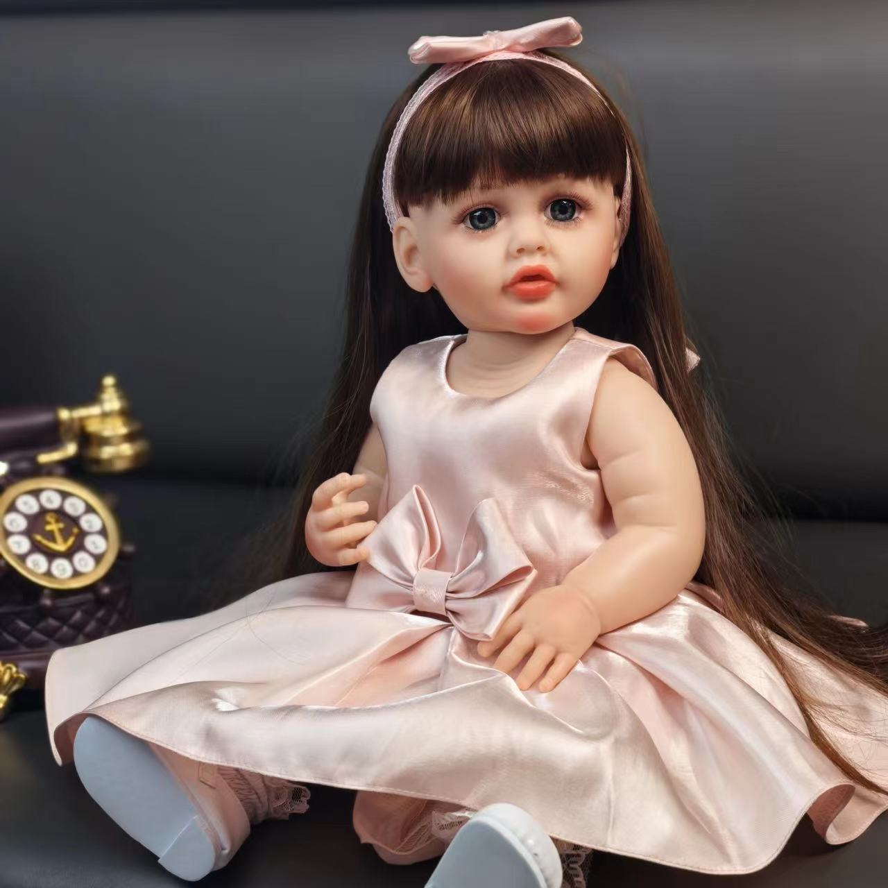 22 inch Full Body Silicone Realistic Baby Girl with Light Brown Hair & Acrylic Eyes, Pink Heart Princess Dress Set with Shoes & Accessories, Gift for Girls 3+