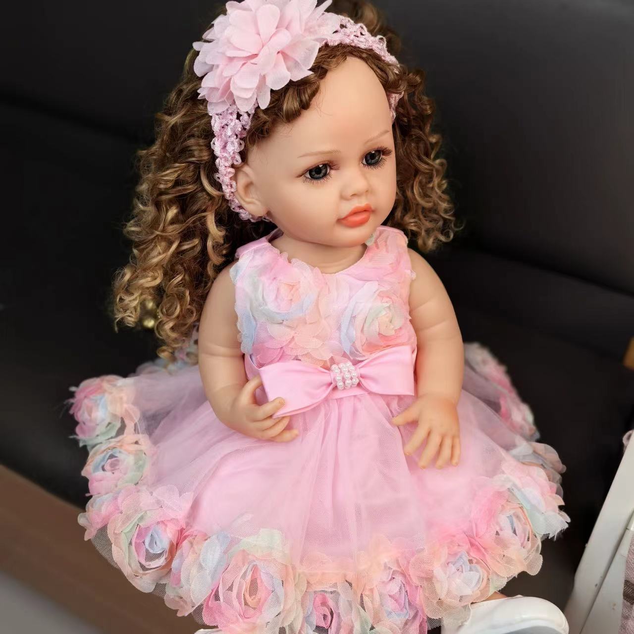 22 inch Full Body Silicone Realistic Baby Girl with Light Brown Hair & Acrylic Eyes, Pink Heart Princess Dress Set with Shoes & Accessories, Gift for Girls 3+