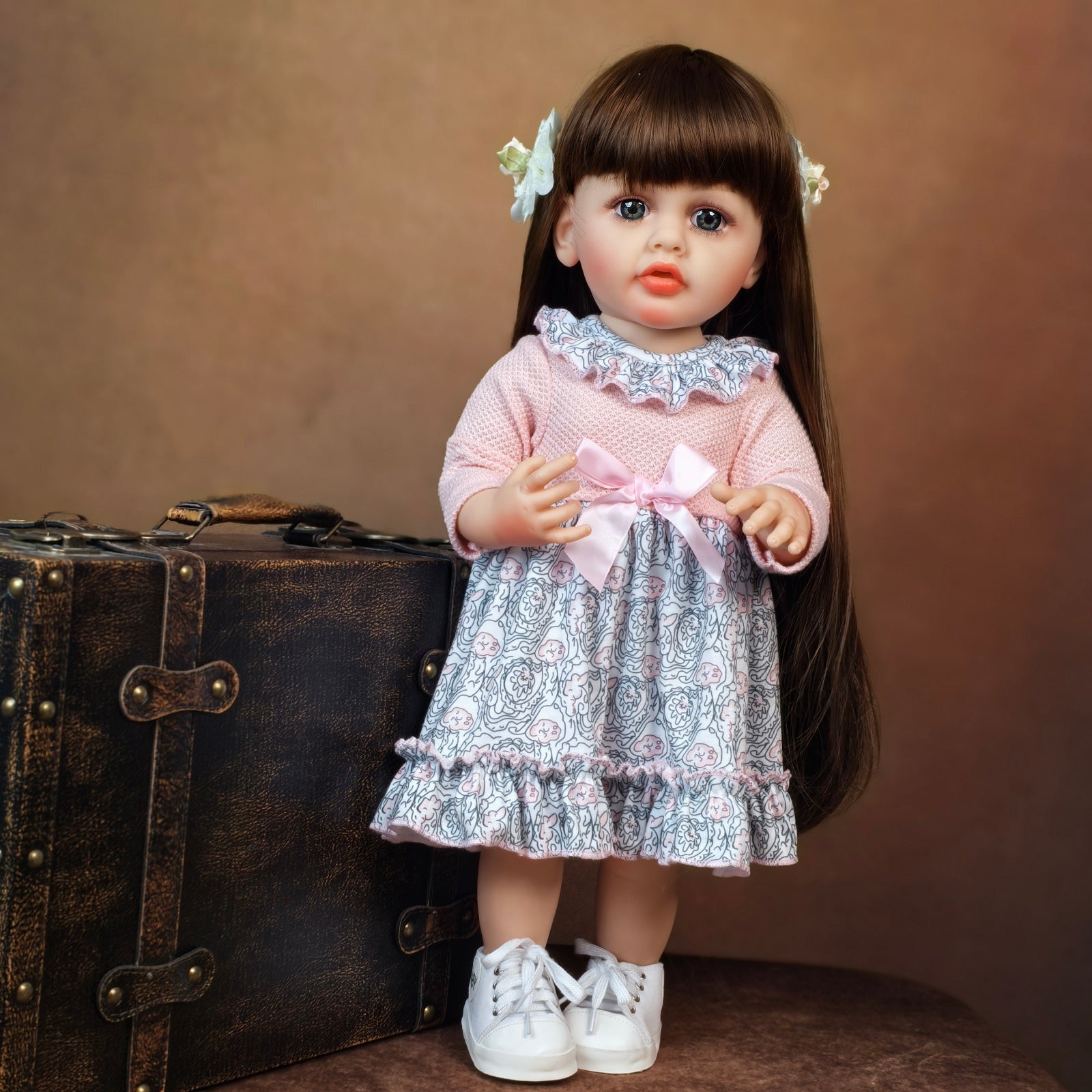 22 inch Full Body Silicone Realistic Baby Girl with Light Brown Hair & Acrylic Eyes, Pink Heart Princess Dress Set with Shoes & Accessories, Gift for Girls 3+