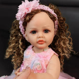 22 inch Full Body Silicone Realistic Baby Girl with Light Brown Hair & Acrylic Eyes, Pink Heart Princess Dress Set with Shoes & Accessories, Gift for Girls 3+
