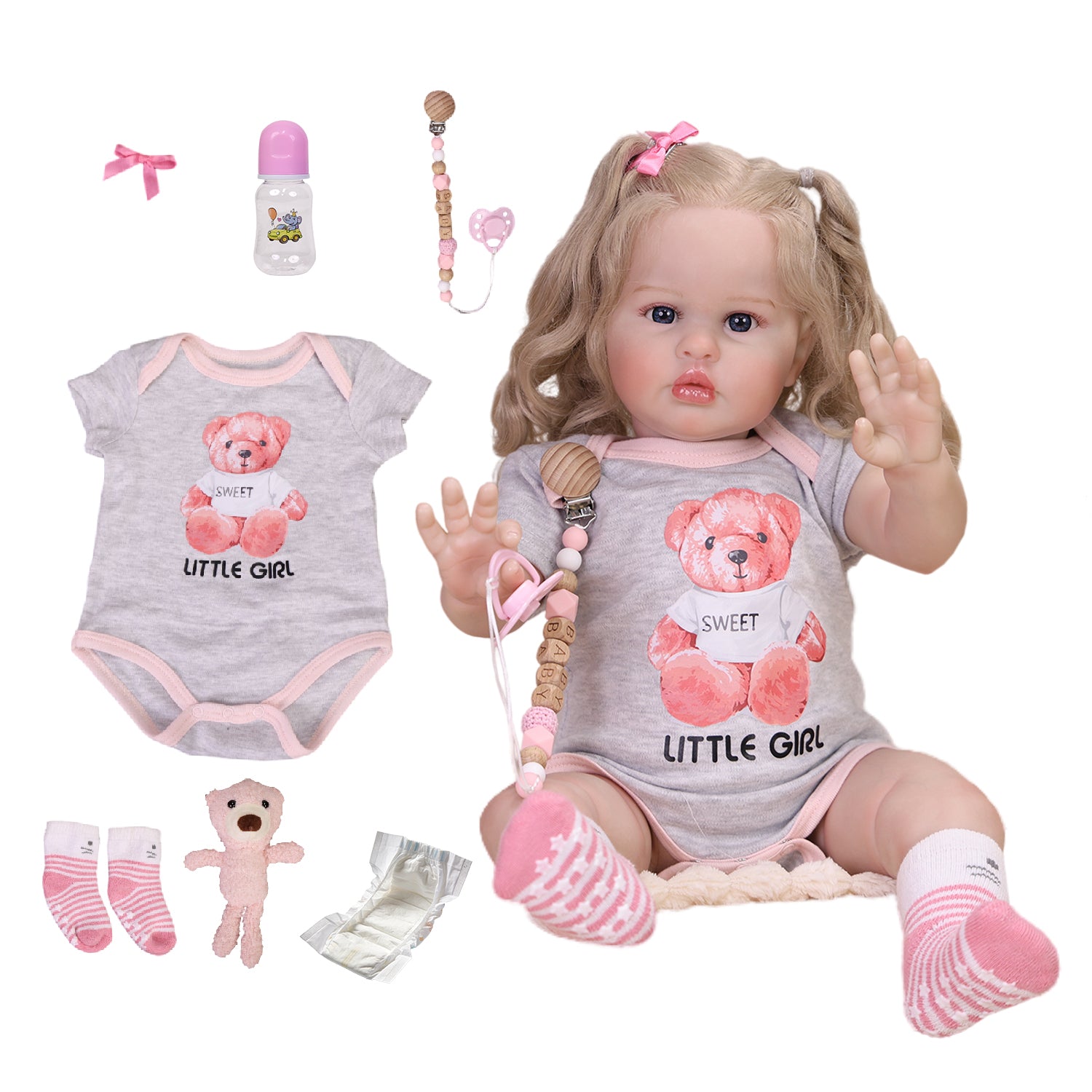KEIUMI Penny reborn doll with a small brown teddy bear and baby bottle.