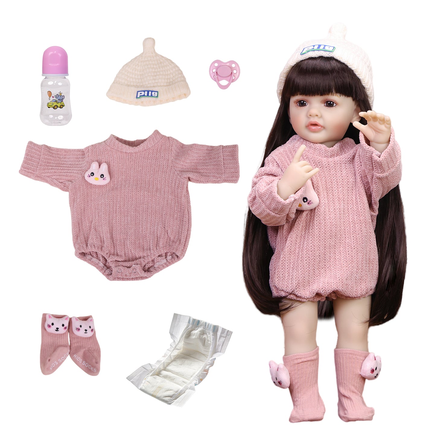 Side profile of Elara's long dark hair and cream knitted beanie with "PILO" label.