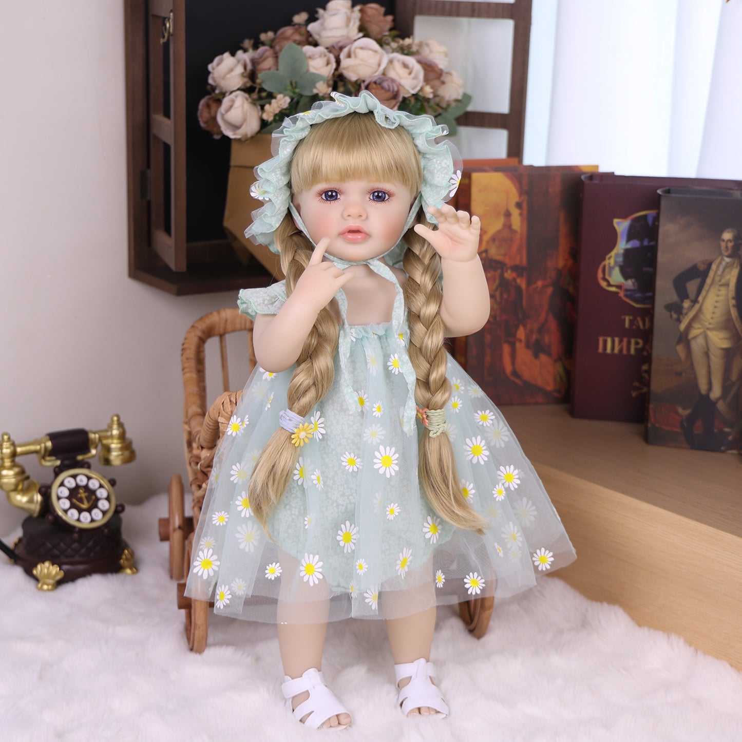 Close-up of Daisy Bloom doll's sweet face, blonde braids, and blue eyes.