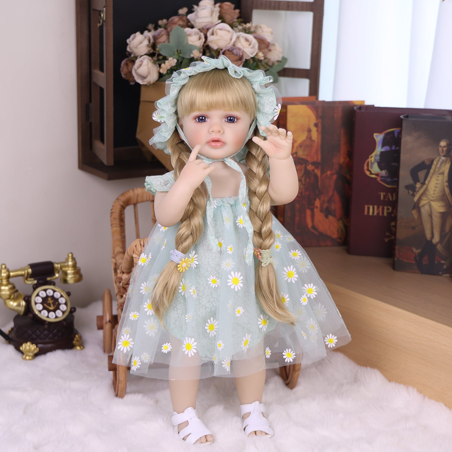Close-up of Daisy Bloom doll's sweet face, blonde braids, and blue eyes.
