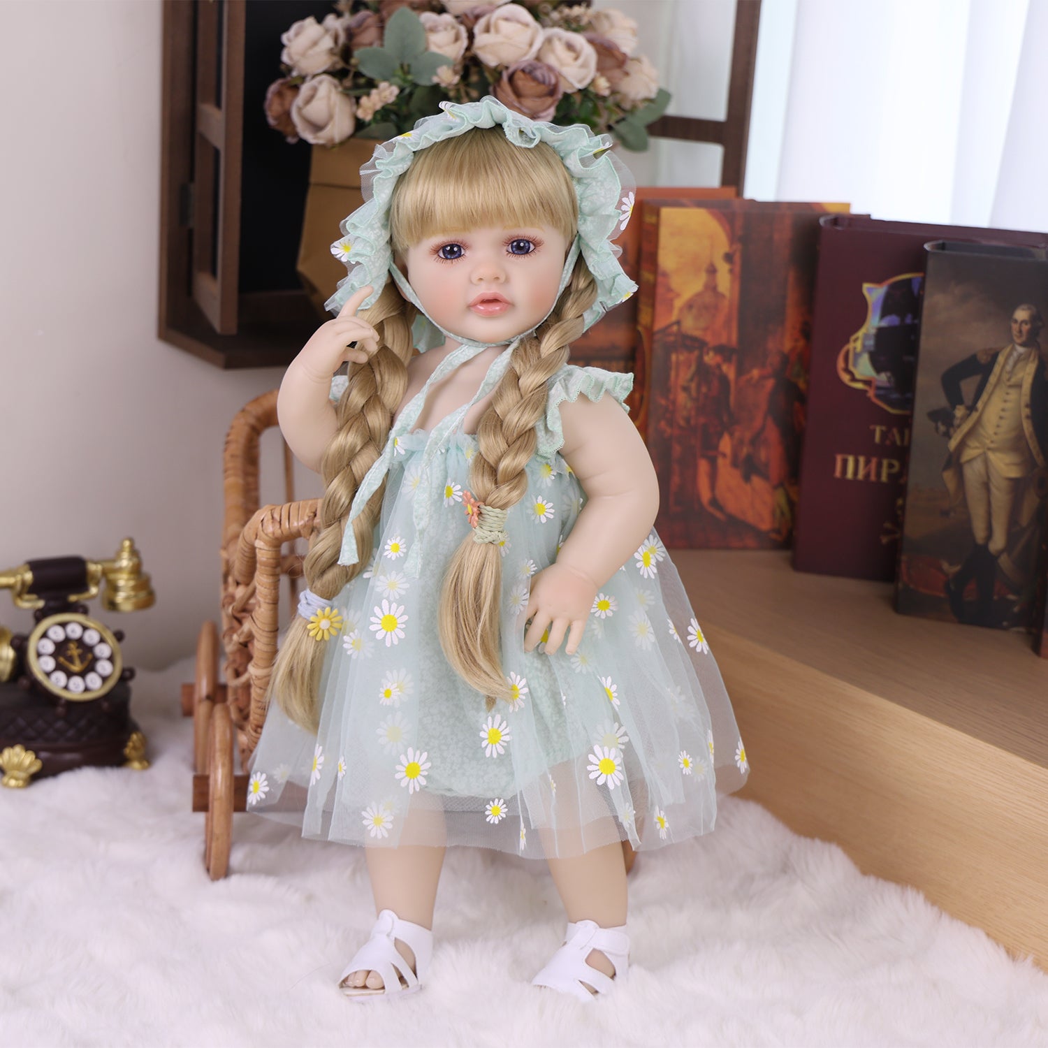KEIUMI Daisy Bloom doll sitting, showcasing her charming daisy-themed ensemble.