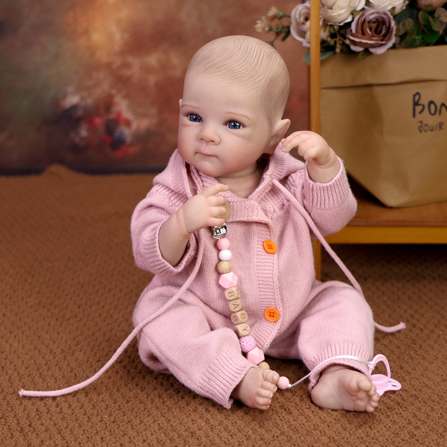18 inch Full Body Silicone Realistic Baby Girl with Light Brown Hair & Acrylic Eyes, Pink Heart Princess Dress Set with Shoes & Accessories, Gift for Girls 3+