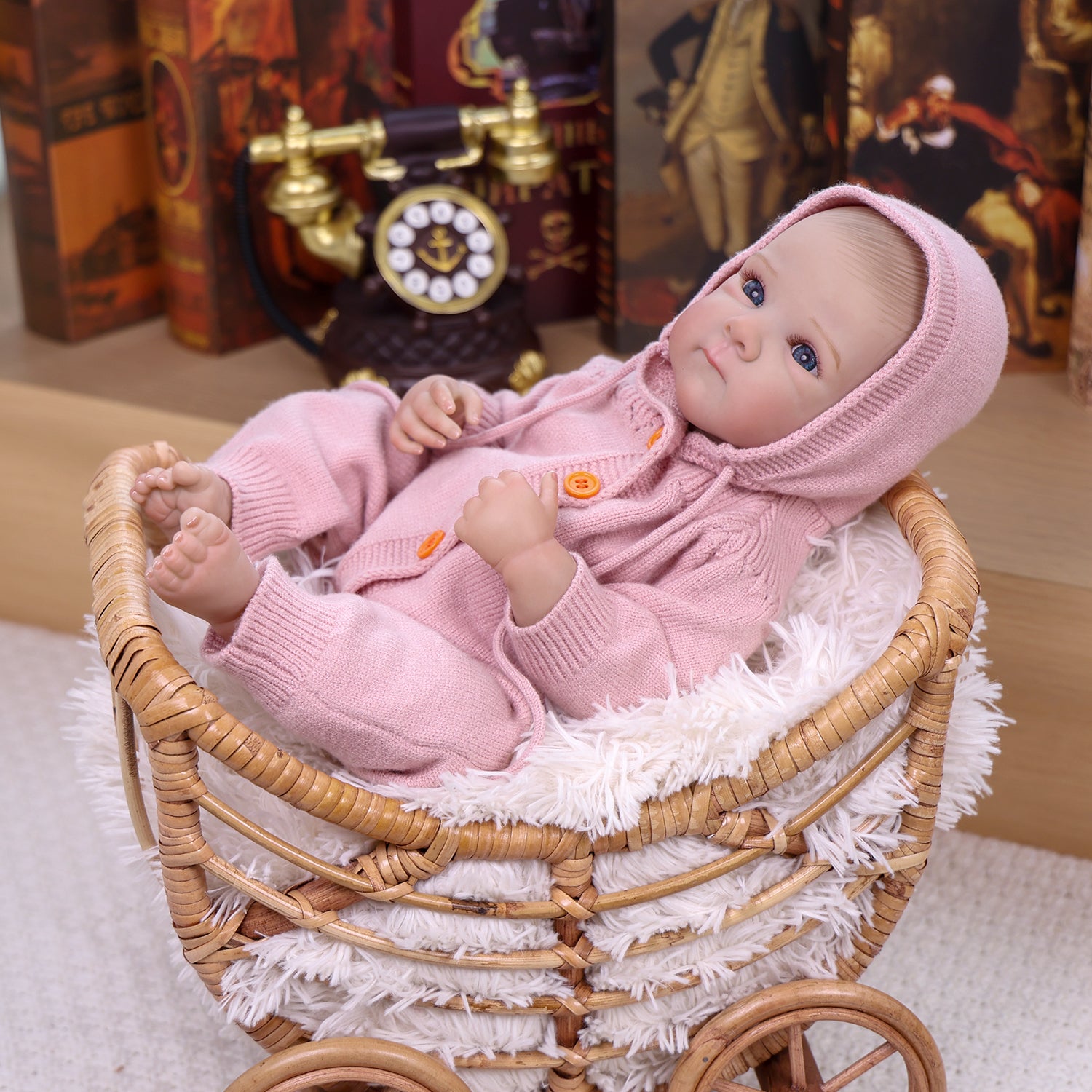 18 inch Full Body Silicone Realistic Baby Girl with Light Brown Hair & Acrylic Eyes, Pink Heart Princess Dress Set with Shoes & Accessories, Gift for Girls 3+