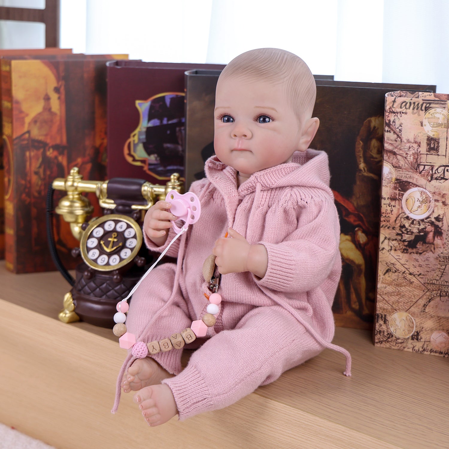 18 inch Full Body Silicone Realistic Baby Girl with Light Brown Hair & Acrylic Eyes, Pink Heart Princess Dress Set with Shoes & Accessories, Gift for Girls 3+