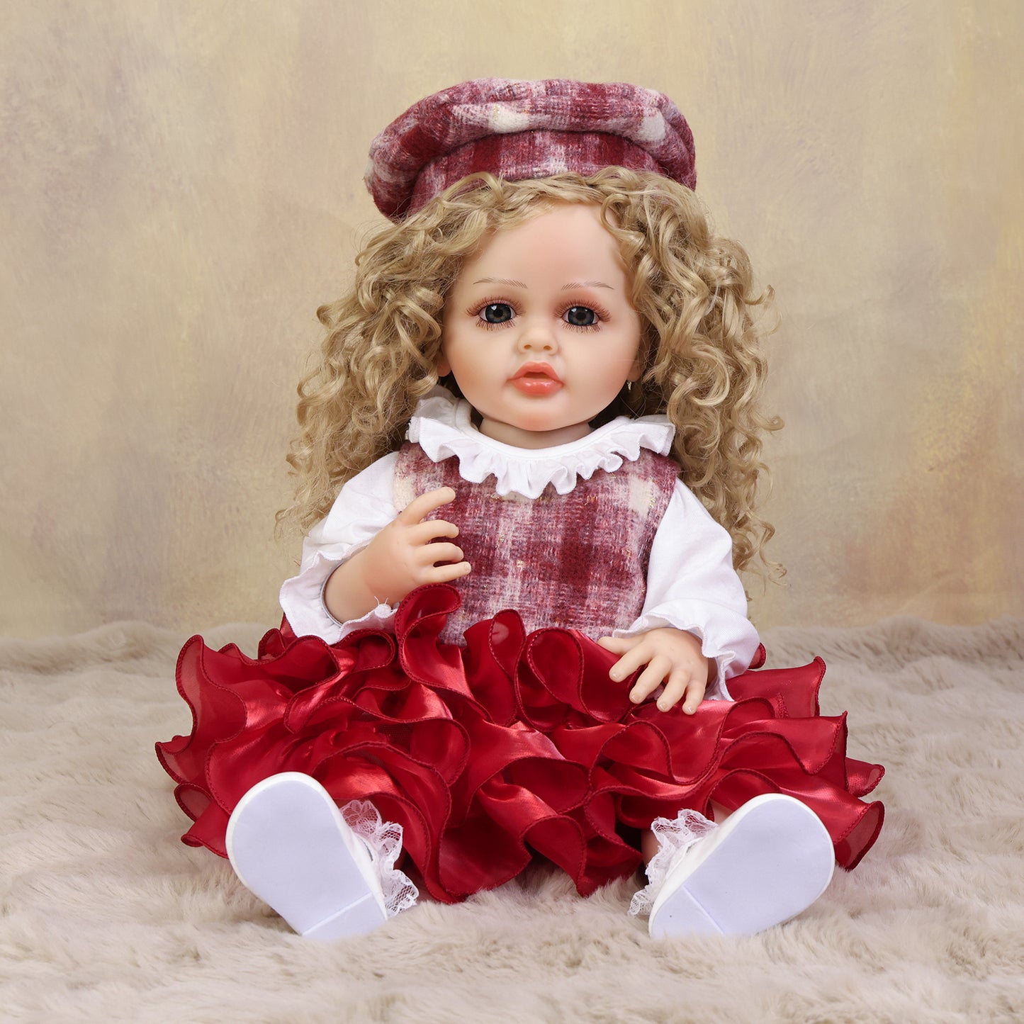 KEIUMI Curious Belle doll wearing her red and white plaid beret and holding bottle.