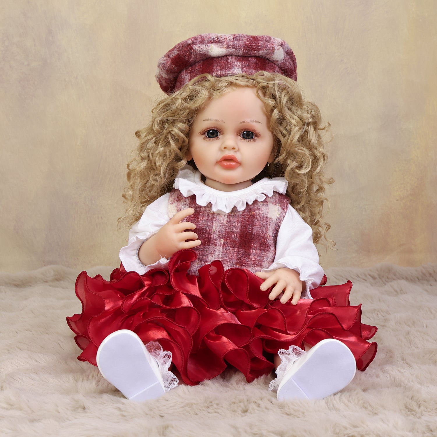KEIUMI Curious Belle doll wearing her red and white plaid beret and holding bottle.
