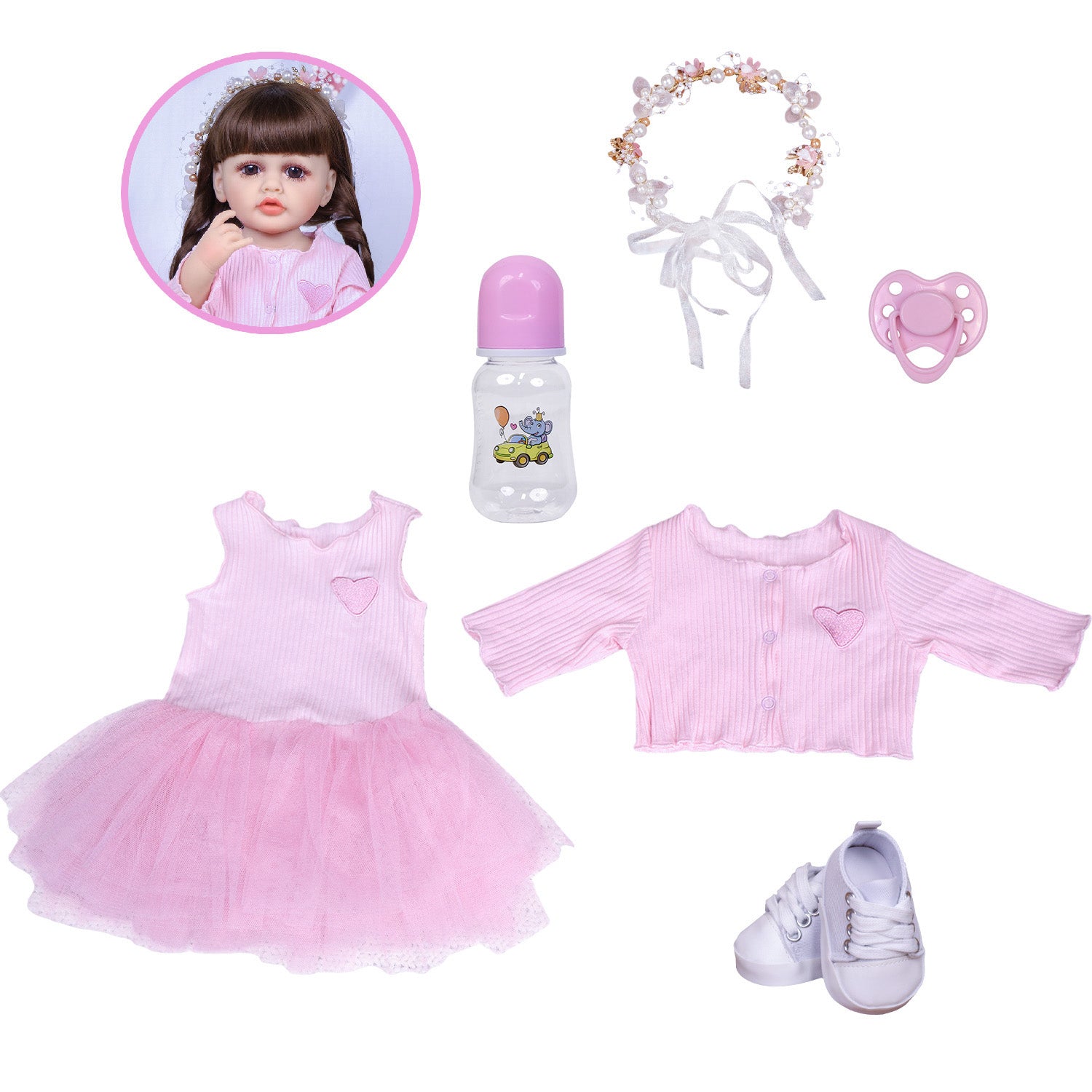 Lily reborn doll holding her pink baby bottle with an elephant print.
