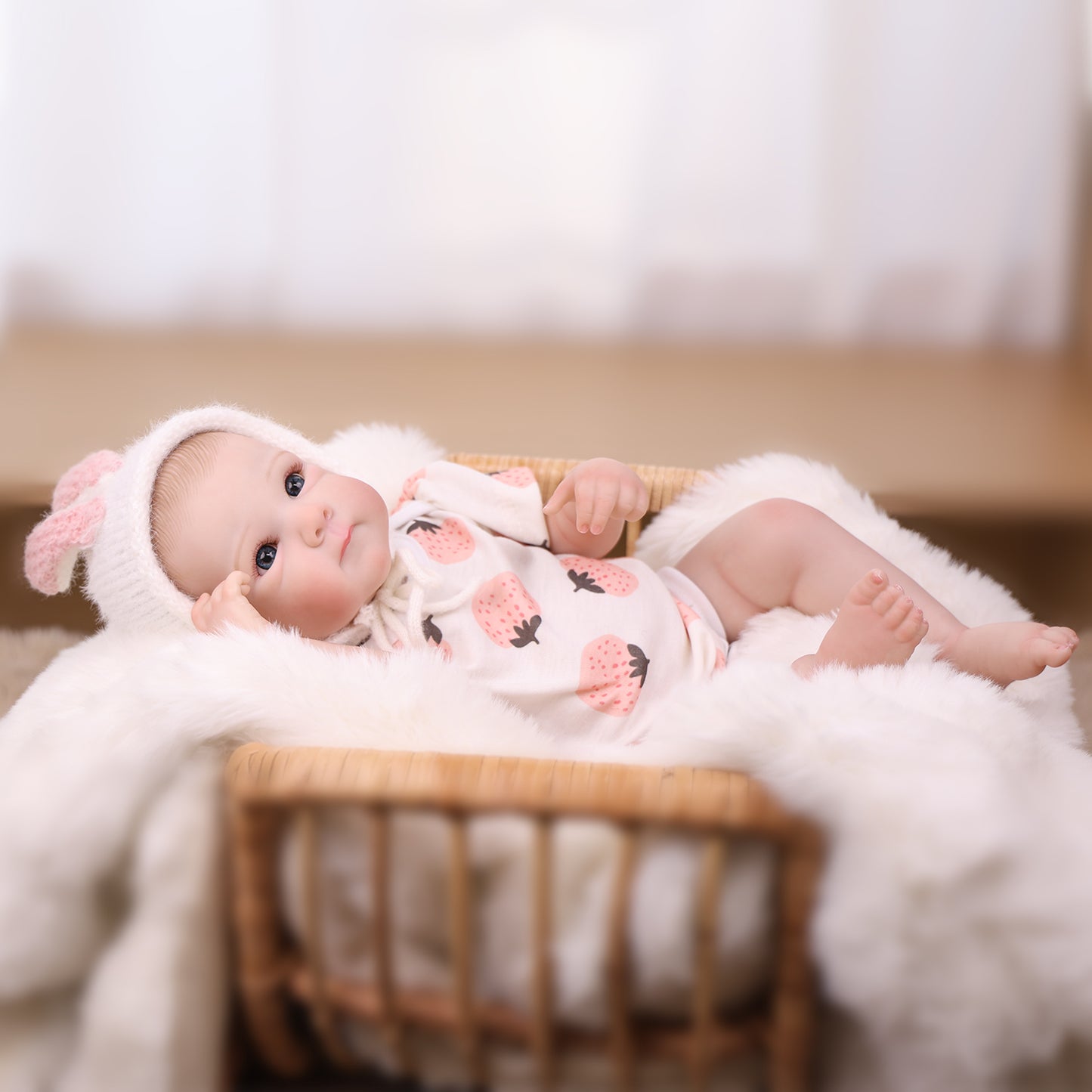 Reborn doll's face, with a gentle, curious look.