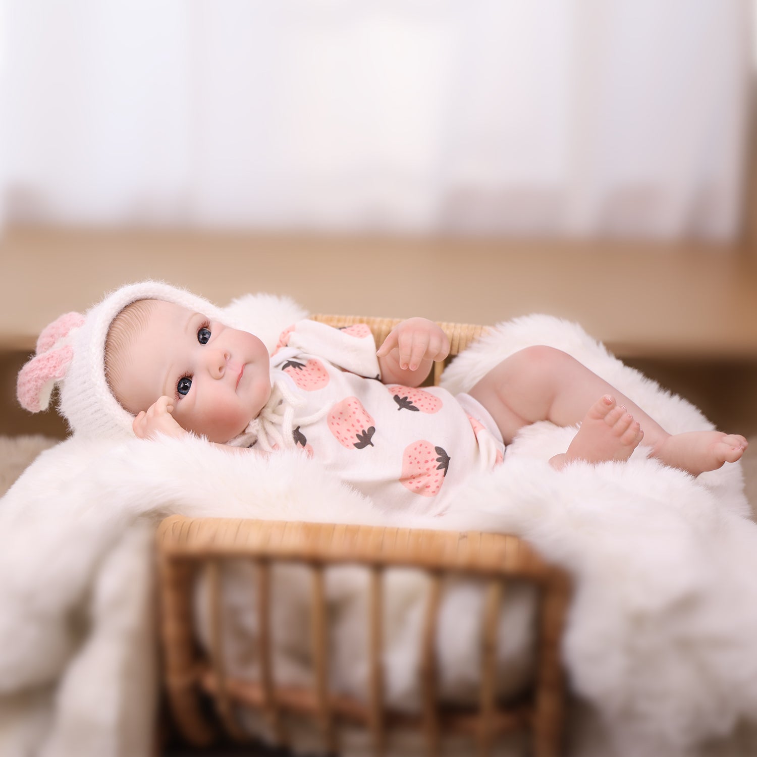 Reborn doll's face, with a gentle, curious look.