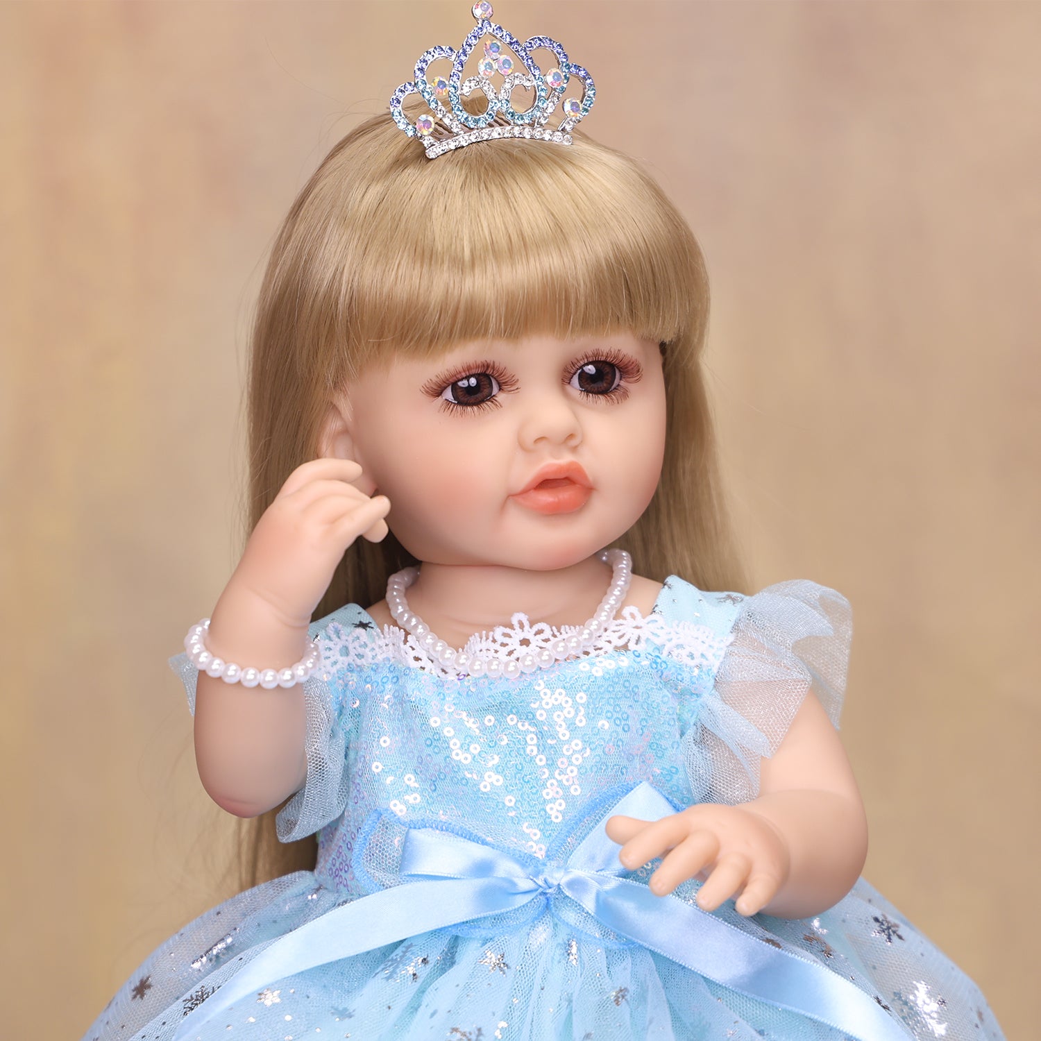 22 Inch Full Body Silicone Realistic Baby Girl with Long Brown Hair & Princess Style, Shakeable Talking Doll, Gift for Girls 3+