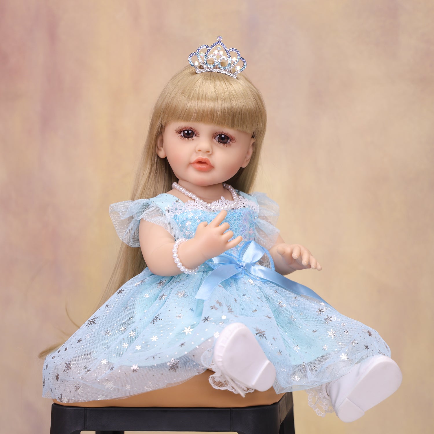 22 Inch Full Body Silicone Realistic Baby Girl with Long Brown Hair & Princess Style, Shakeable Talking Doll, Gift for Girls 3+