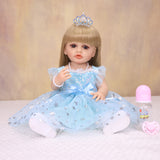 22 Inch Full Body Silicone Realistic Baby Girl with Long Brown Hair & Princess Style, Shakeable Talking Doll, Gift for Girls 3+