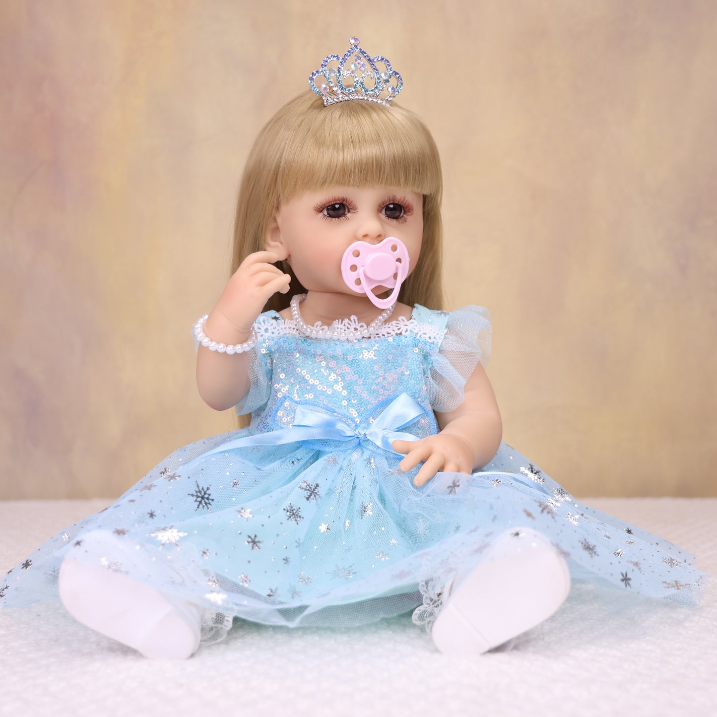 22 Inch Full Body Silicone Realistic Baby Girl with Long Brown Hair & Princess Style, Shakeable Talking Doll, Gift for Girls 3+