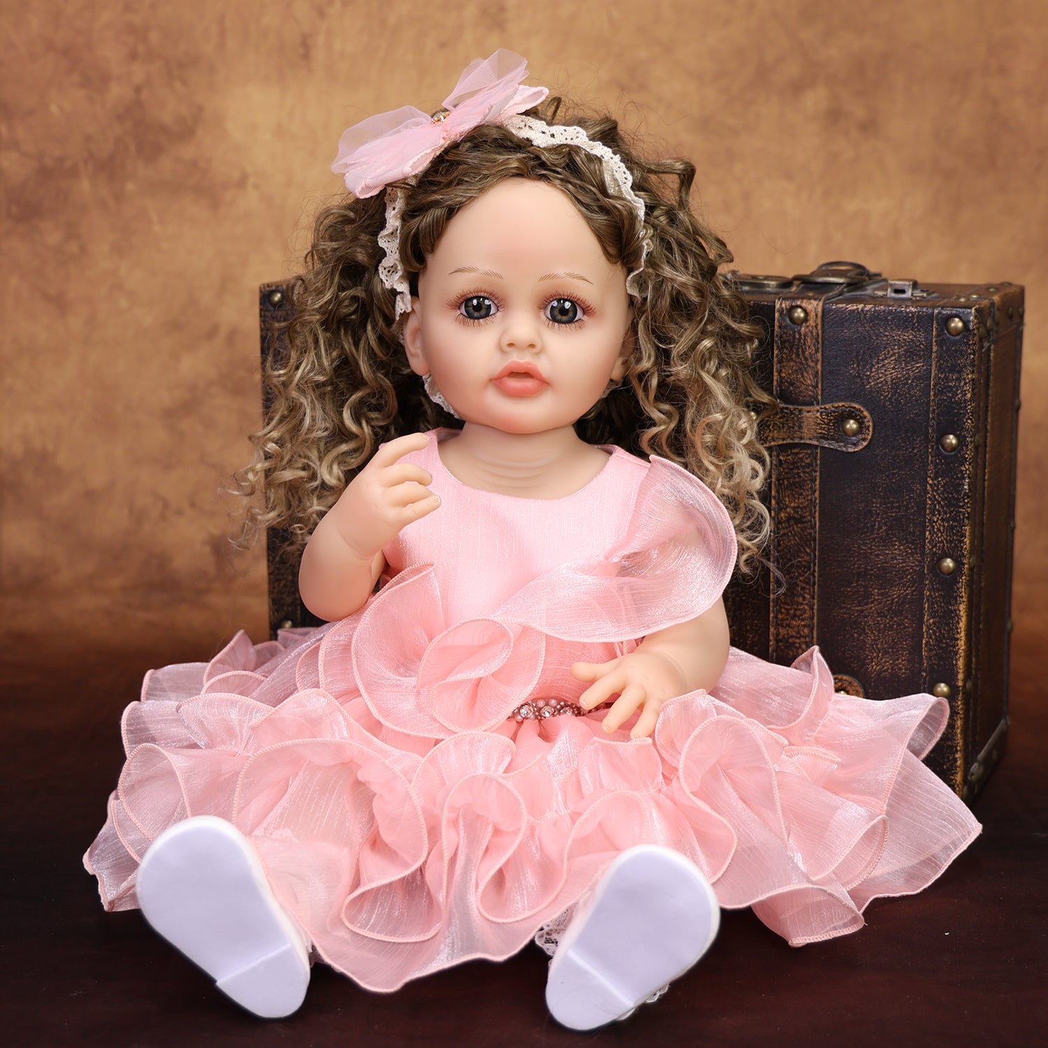 22 Inch Full Body Silicone Realistic Baby Girl with Long Brown Hair & Princess Style, Gift for Girls 3+