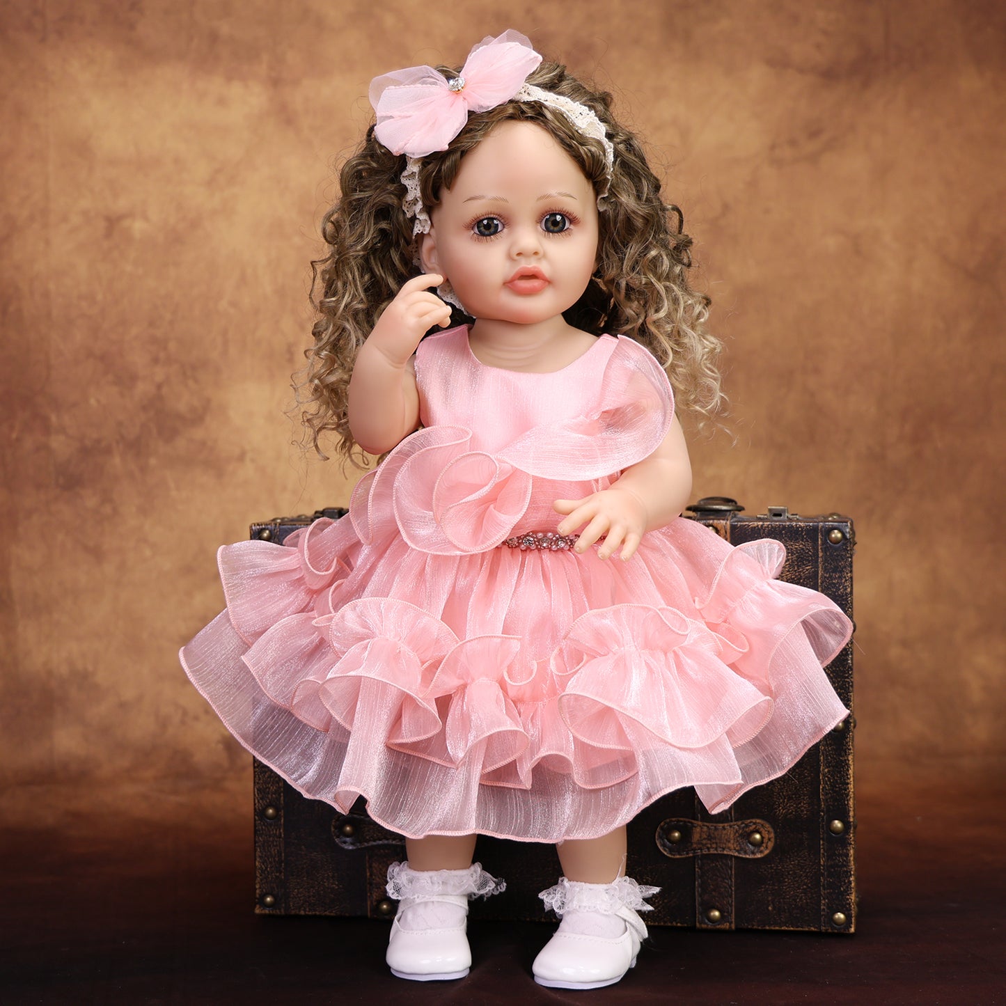22 Inch Full Body Silicone Realistic Baby Girl with Long Brown Hair & Princess Style, Gift for Girls 3+
