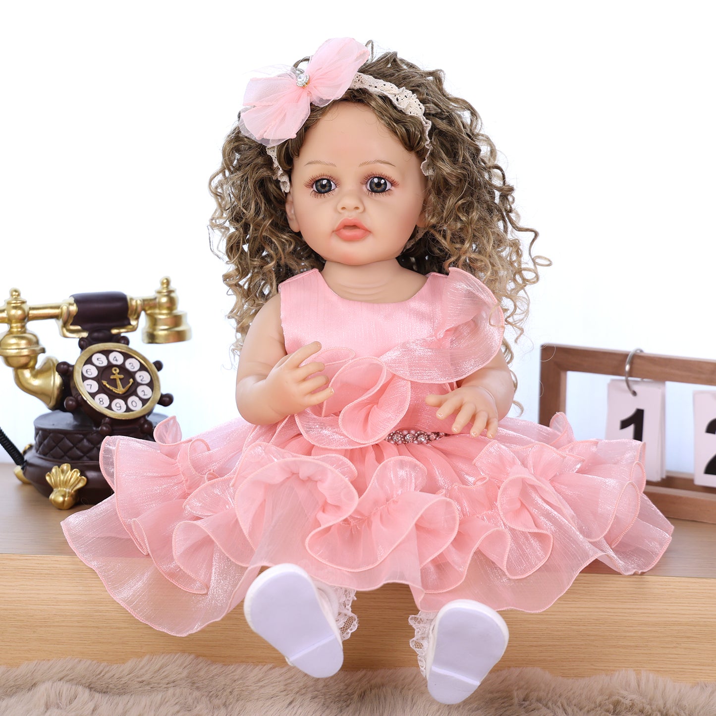 22 Inch Full Body Silicone Realistic Baby Girl with Long Brown Hair & Princess Style, Gift for Girls 3+