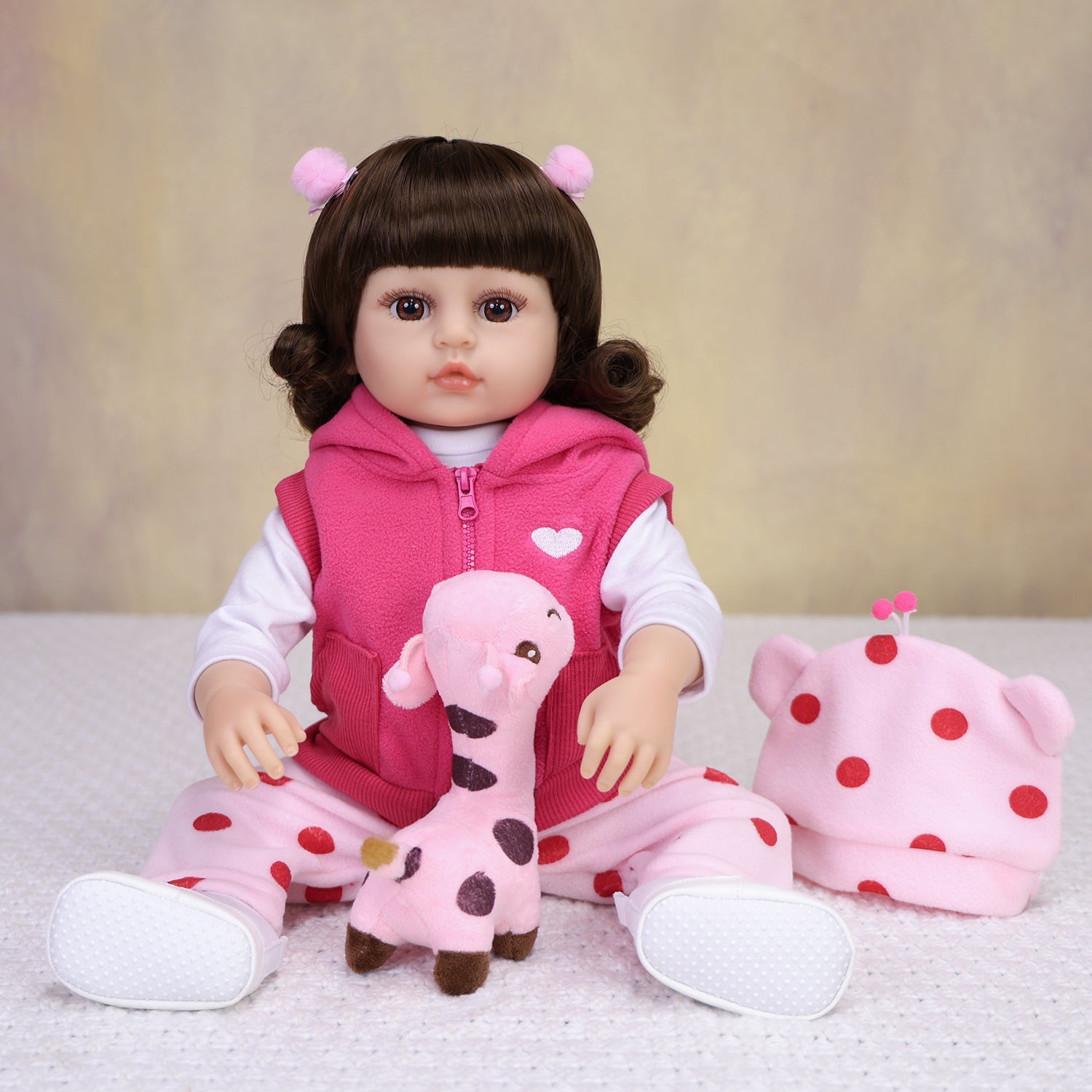 22 inch Full Body Silicone Realistic Baby Girl with Light Brown Hair & Acrylic Eyes, Pink Cloths Set with Shoes & Accessories, Gift for Girls 3+