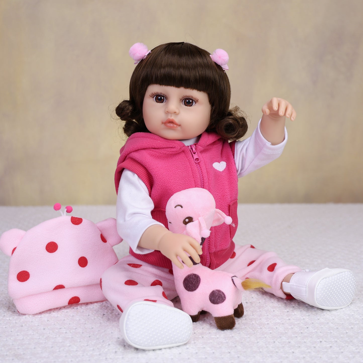 22 inch Full Body Silicone Realistic Baby Girl with Light Brown Hair & Acrylic Eyes, Pink Cloths Set with Shoes & Accessories, Gift for Girls 3+