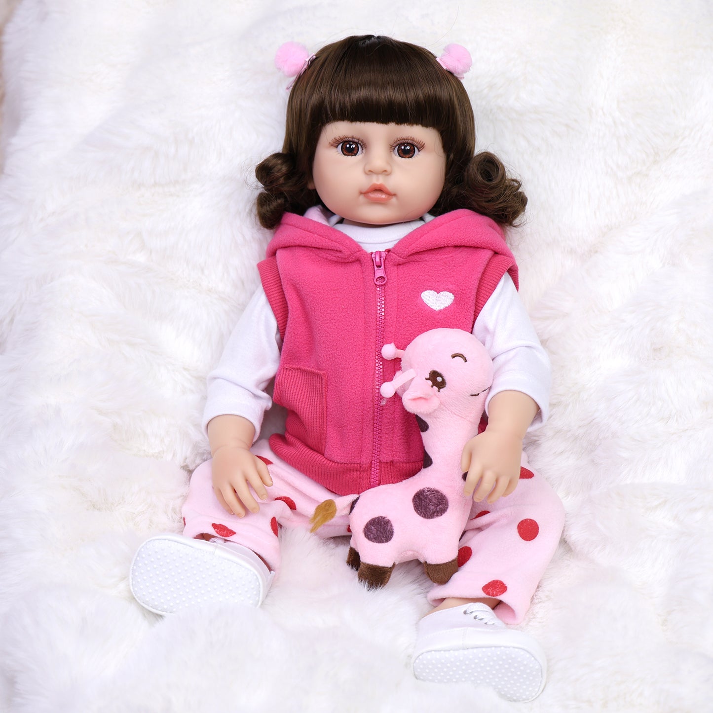22 inch Full Body Silicone Realistic Baby Girl with Light Brown Hair & Acrylic Eyes, Pink Cloths Set with Shoes & Accessories, Gift for Girls 3+