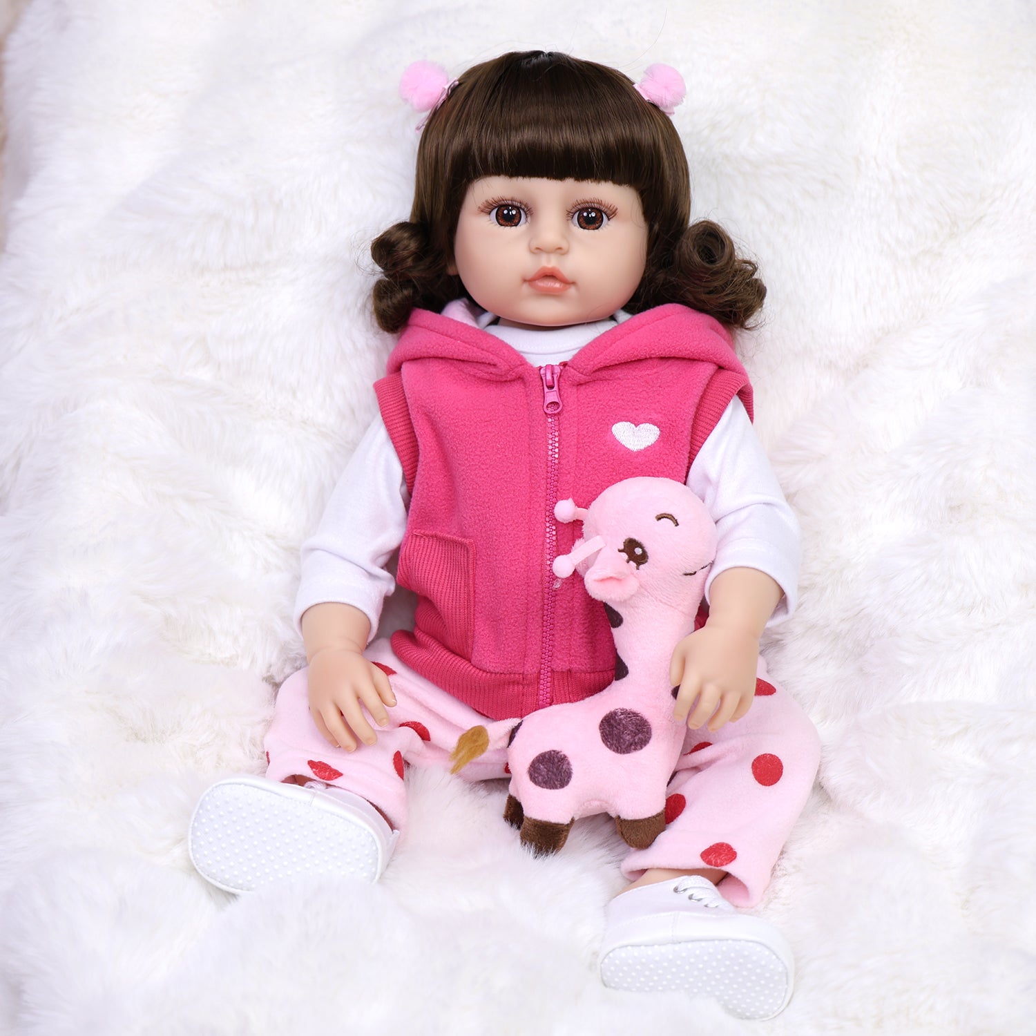 22 inch Full Body Silicone Realistic Baby Girl with Light Brown Hair & Acrylic Eyes, Pink Cloths Set with Shoes & Accessories, Gift for Girls 3+