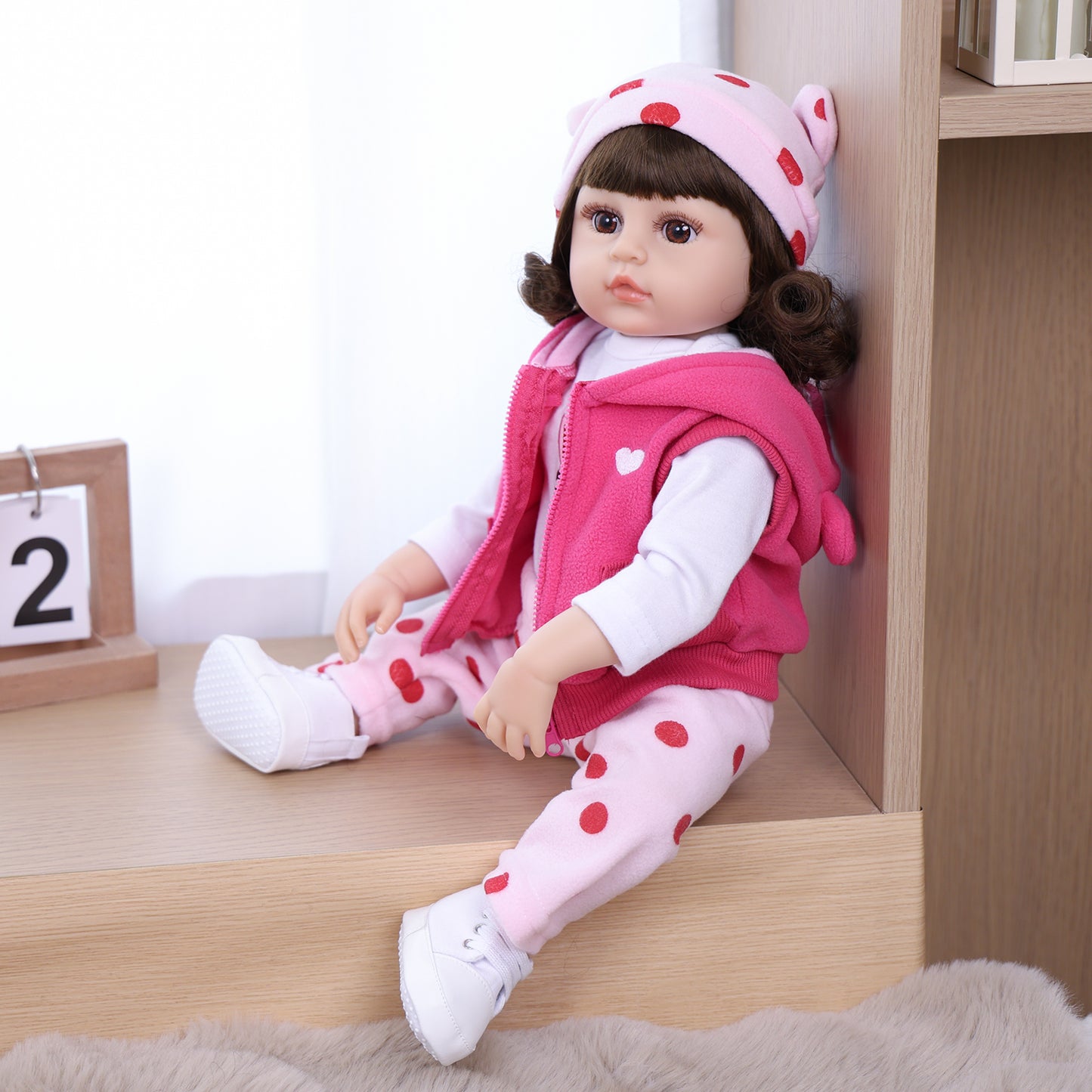 22 inch Full Body Silicone Realistic Baby Girl with Light Brown Hair & Acrylic Eyes, Pink Cloths Set with Shoes & Accessories, Gift for Girls 3+